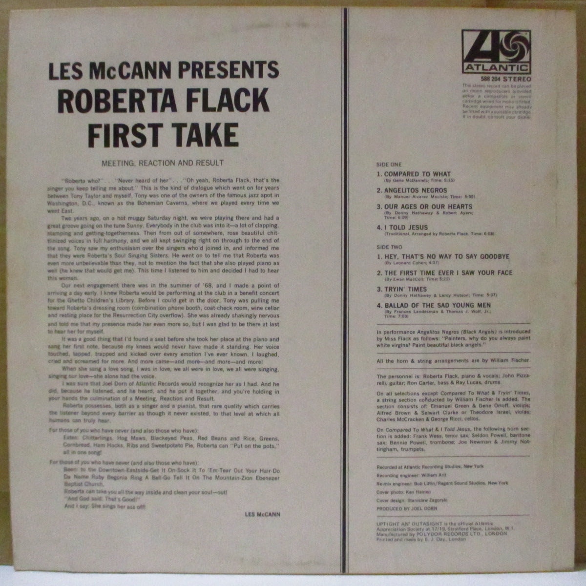 ROBERTA FLACK (ロバータ・フラック) - First Take (UK '69 初回オリジナル「オレンジ&プラム・ラベ」ステレオ LP/表面コーティング・ジャケ) 美品!