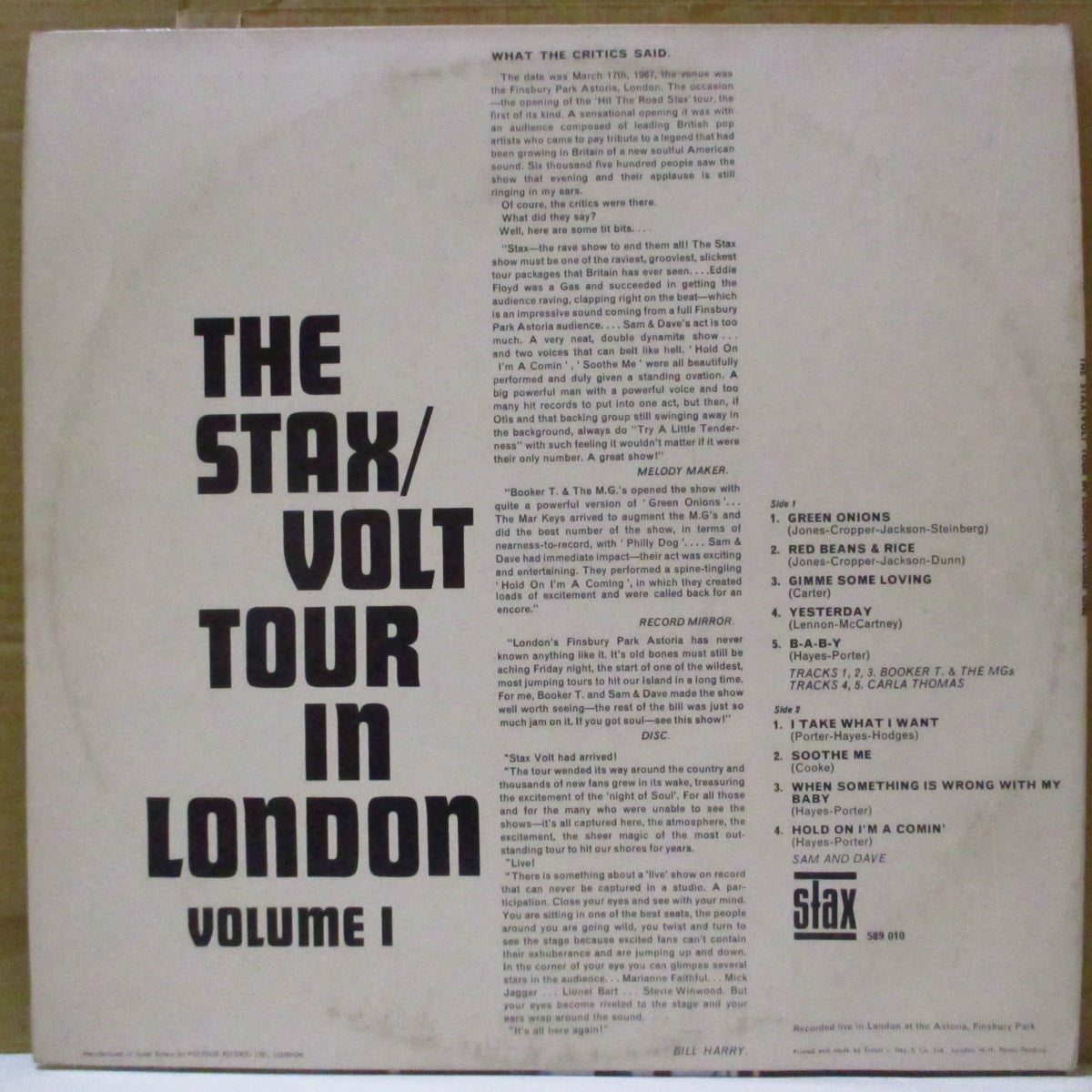 V.A. (Stax、Volt社アーティストのロンドン・ライブ収録シリーズ) - The Stax - Volt Tour In London 1 (UK '67 オリジナル・モノラル LP/表面コーティング・ジャケ)