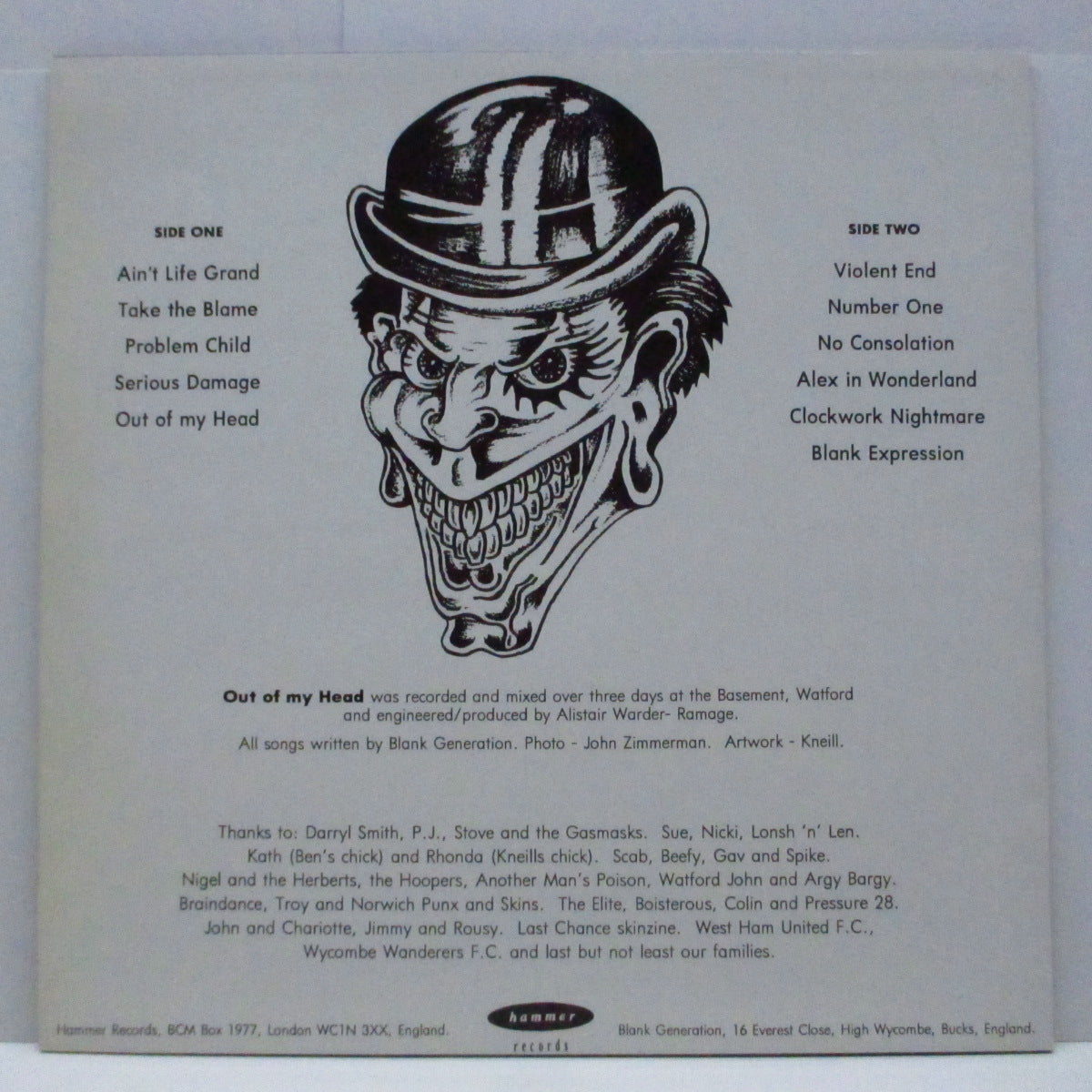 BLANK GENERATION (ブランク・ジェネーレーション) - Out Of My Head (UK オリジナル LP) 90's UK Oi! 唯一アルバム!