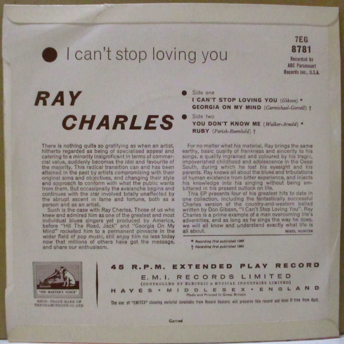 RAY CHARLES (レイ・チャールズ) - I Can't Stop Loving You +3 (UK '62 オリジナル4曲入り 7インチ EP)英国独自編集盤