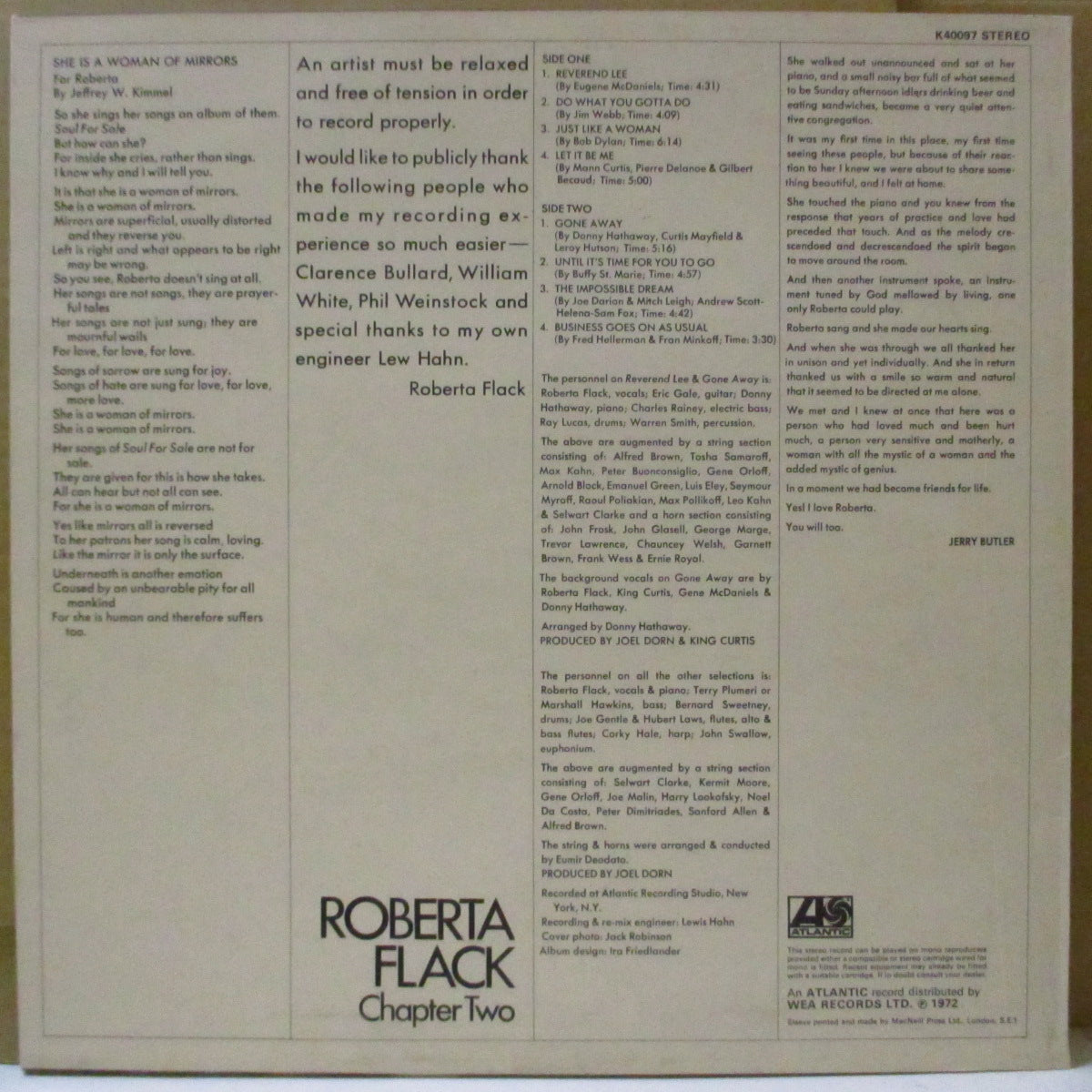 ROBERTA FLACK (ロバータ・フラック) - Chapter Two ('UK '72 初回再発「ワーナーロゴ無し青・オレンジ・ラベ」ステレオLP)2ndアルバム、近年稀な美品!