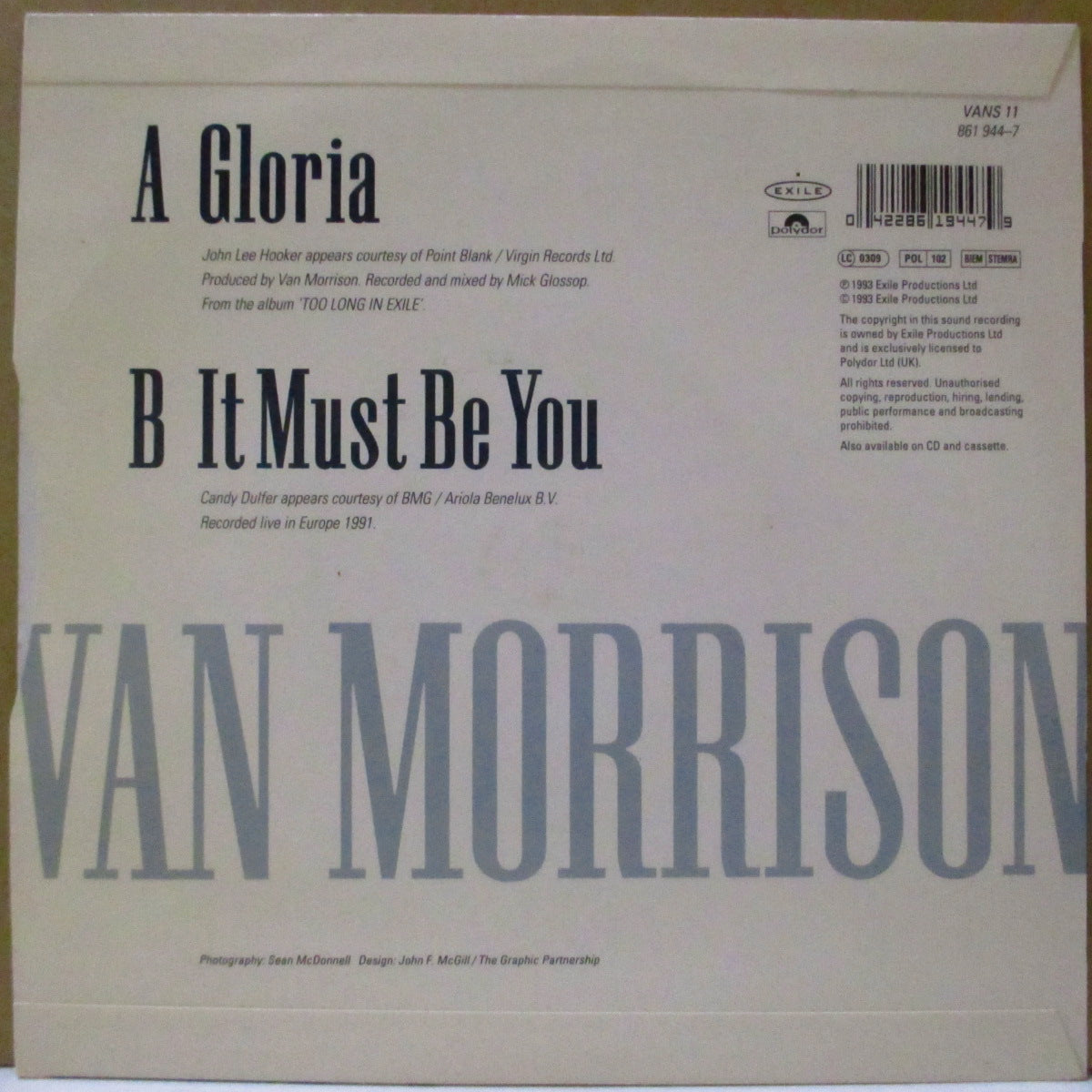 VAN MORRISON & JOHN LEE HOOKER (ヴァン・モリソン & ジョン・リー・フッカー) - Gloria (UK '93 オリジナル 7インチ+光沢固紙ジャケ)