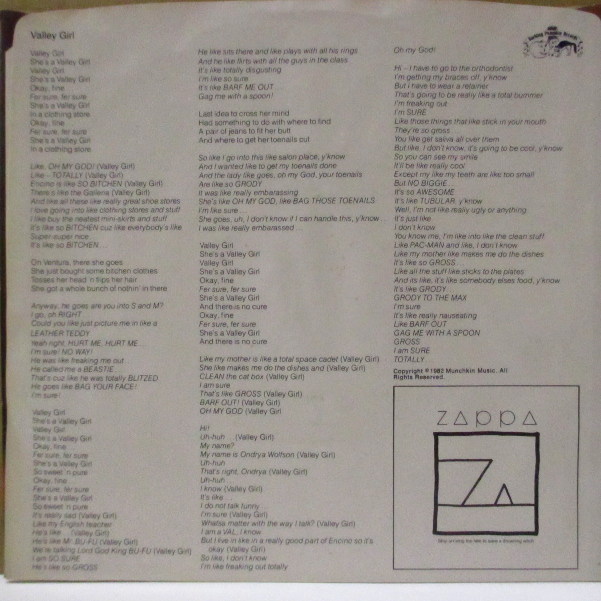 FRANK & MOON ZAPPA (フランク & ムーン・ザッパ) - Valley Girl / You Are What You Is (US '82 オリジナル・ジャケ付 7インチ) 親子共演!