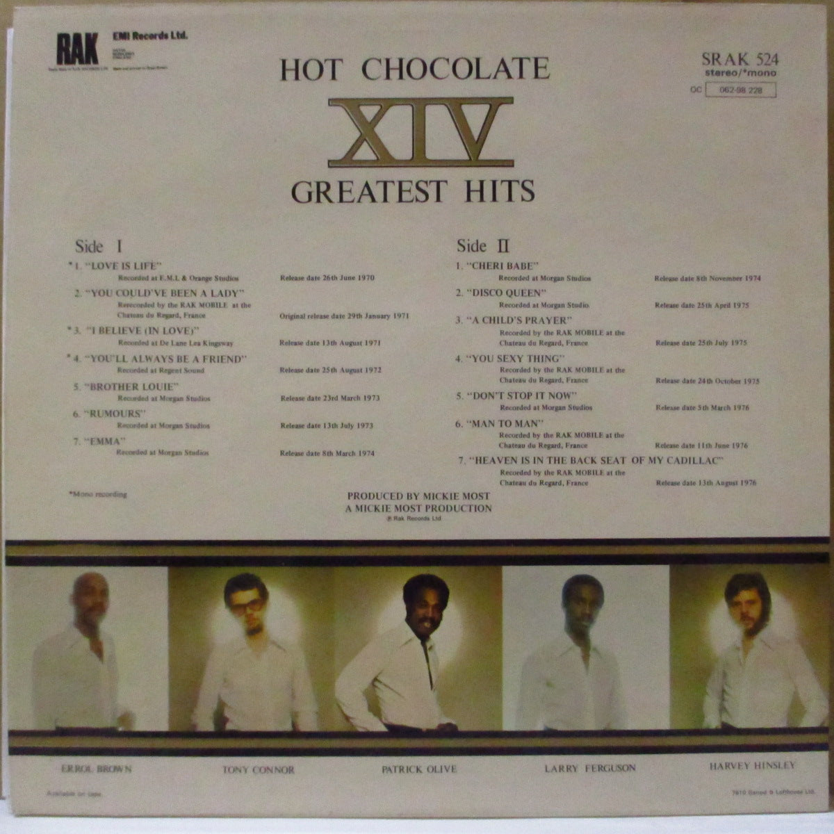 HOT CHOCOLATE (ホット・チョコレート) - XIV Greatest Hits (UK '76 オリジナル・ステレオ、モノラル LP/両面コーティング・ジャケ)ベスト全14曲