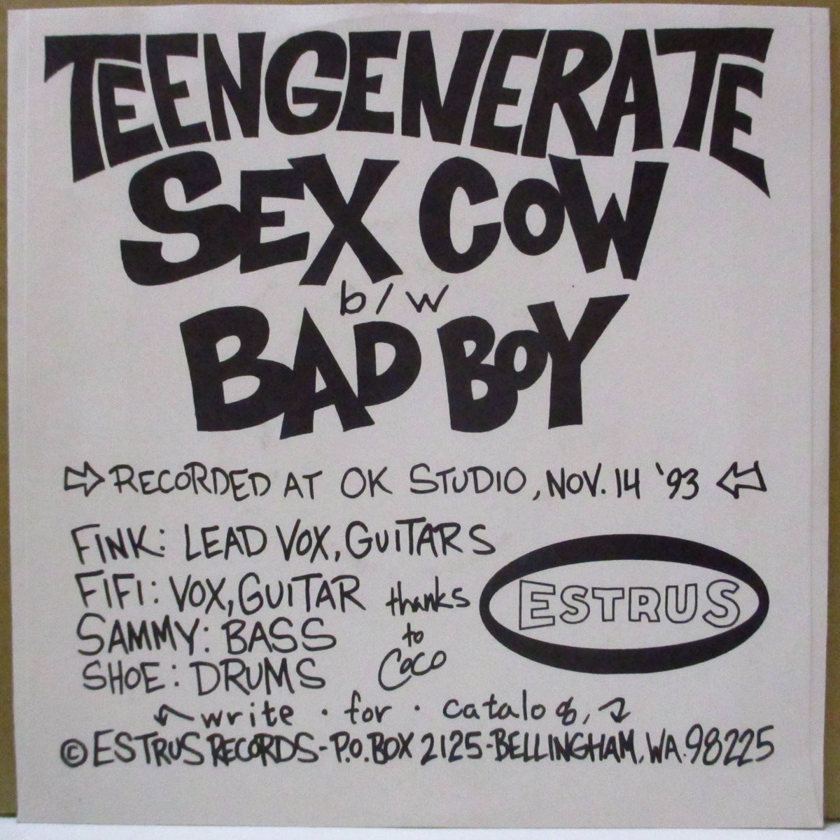 TEENGENERATE (ティーンジェネレイト) - Sex Cow (US オリジナル「黒盤」7インチ+光沢ソフト紙ジャケ)