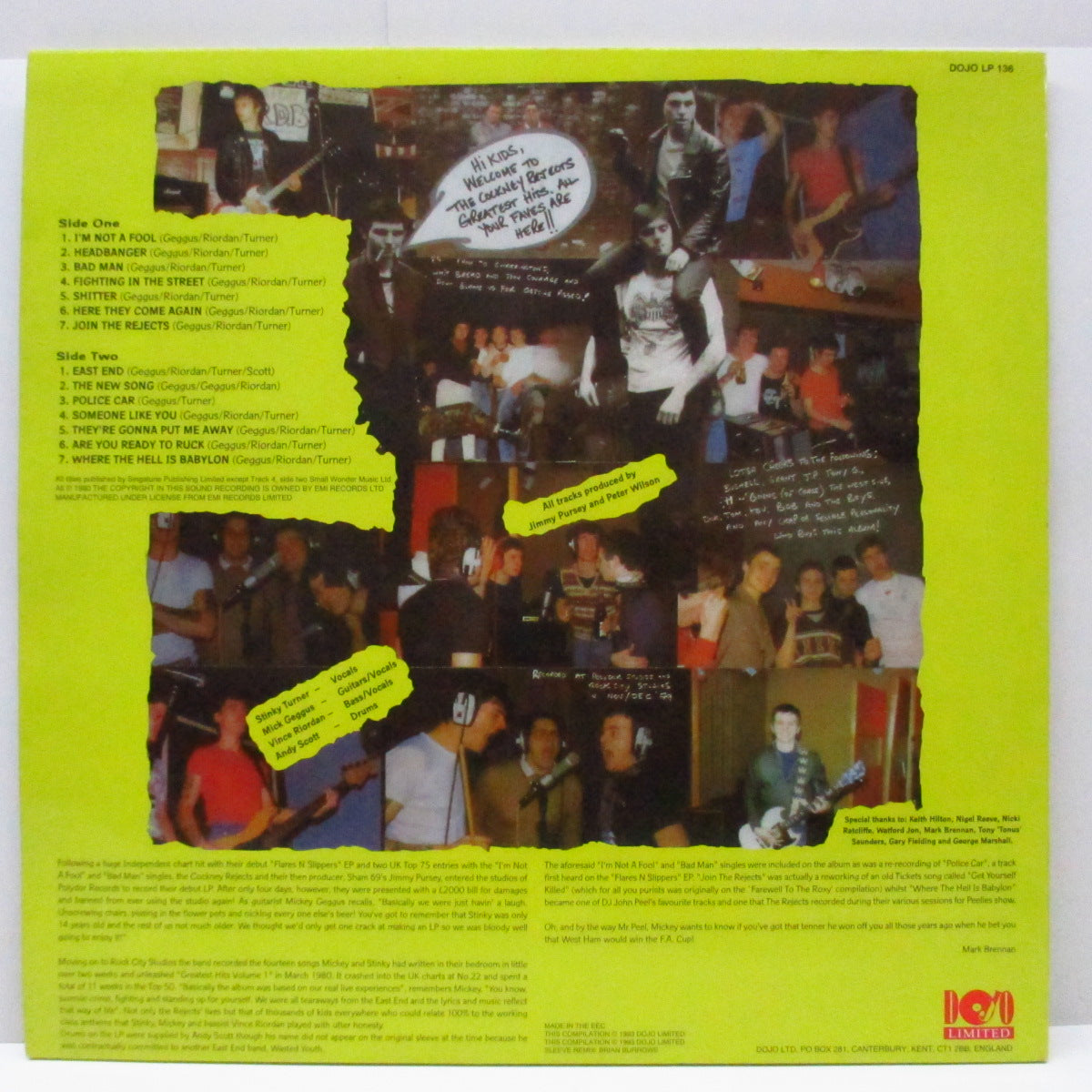 COCKNEY REJECTS (コックニー・リジェクツ) - Greatest Hits Vol.1 (UK '93 再発 LP+ボーナス7"/Dojo LP 136) インナー無 !