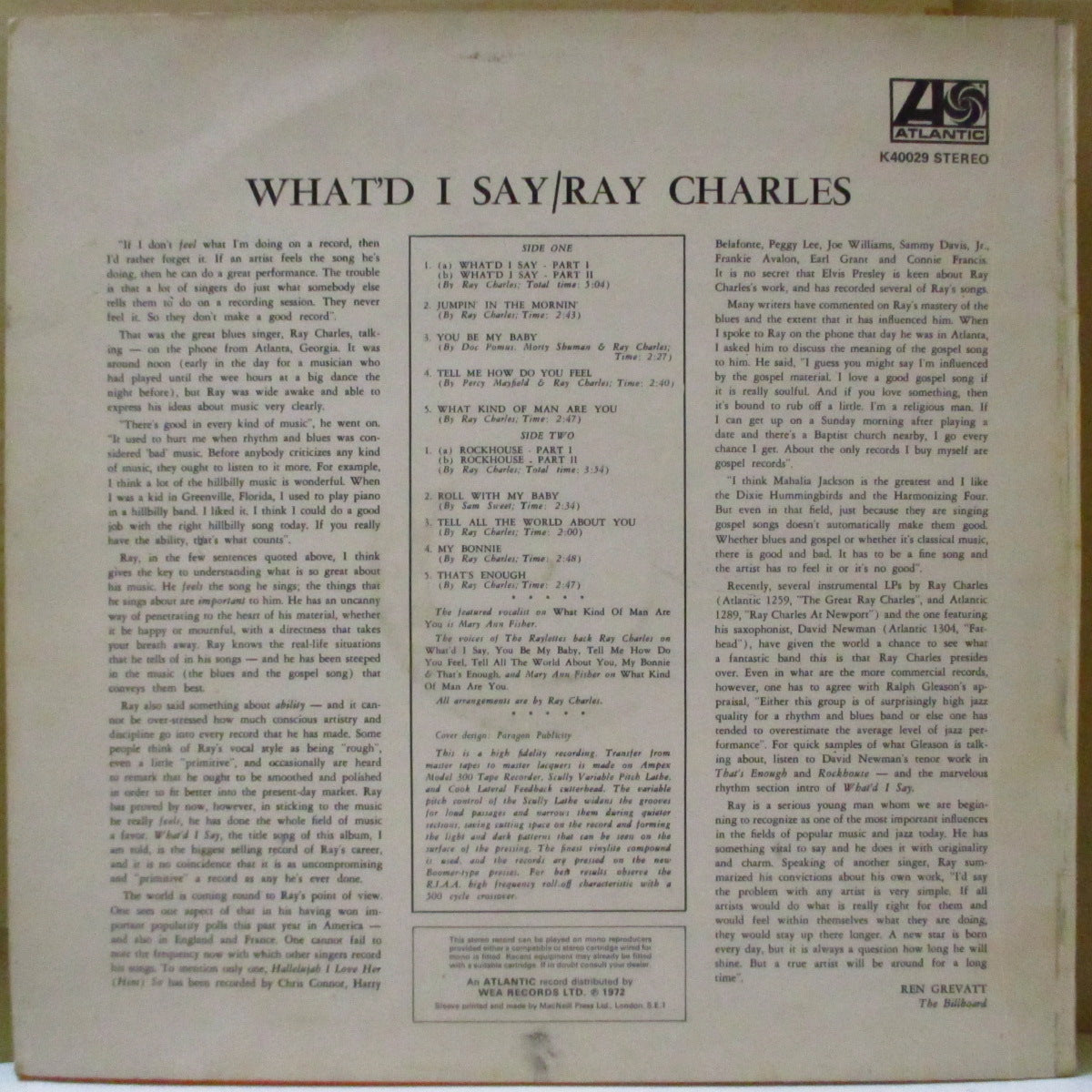 RAY CHARLES (レイ・チャールズ) - What'd I Say ! (UK '72 再発「(ワーナー・ロゴ無し)青&オレンジ・ラベ」ステレオLP/表面コーティング・ジャケ)英独自ジャケ!