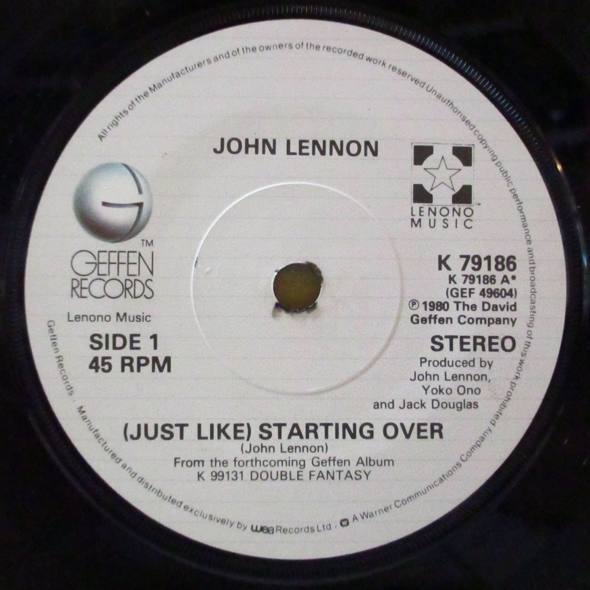 JOHN LENNON (ジョン・レノン) - (Just Like) Starting Over (UK '80 オリジナル「紙ラベ・フラットセンター」7インチ+ソフト紙ジャケ)