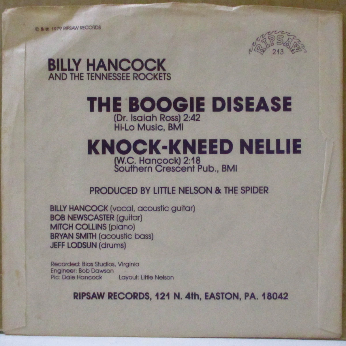 BILLY HANCOCK (ビリー・ハンコック) - The Boogie Disease (US '78 オリジナル 7インチ/マットソフト紙ジャケ) 米国ピュアスタイルの名曲