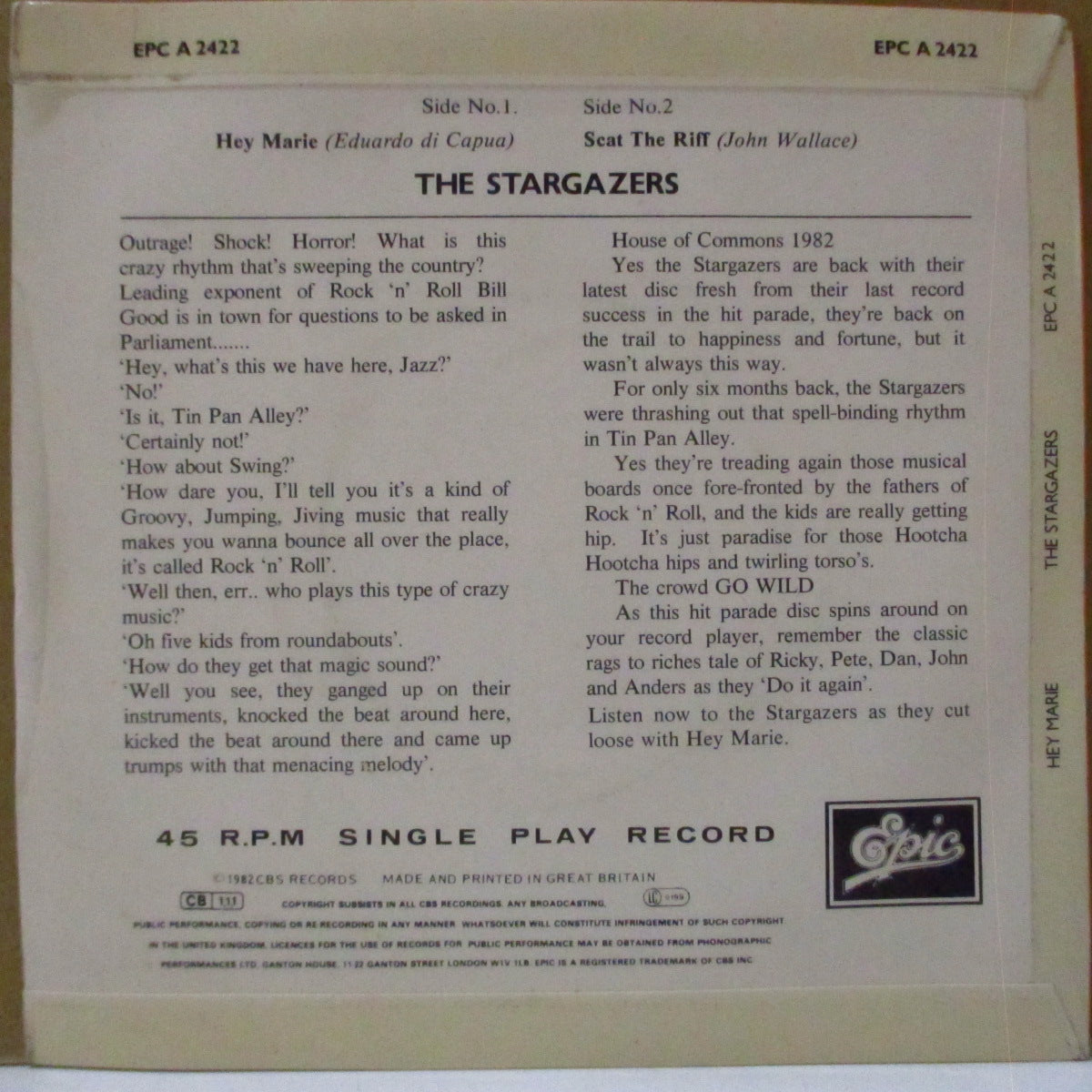 STARGAZERS (スターゲイザーズ) - Hey Marie (UK オリジナル・ペーパーラベ 7インチ+表面コーティングジャケ)