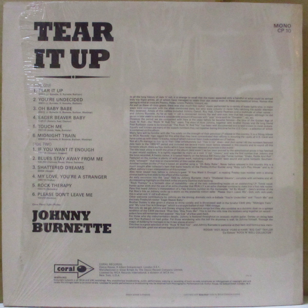 JOHNNY BURNETTE & THE R&R TRIO (ジョニー・バーネット・ロックンロール・トリオ) - Tear It Up (UK '68 オリジナル・モノラル LP) 英国独自編集ベスト!