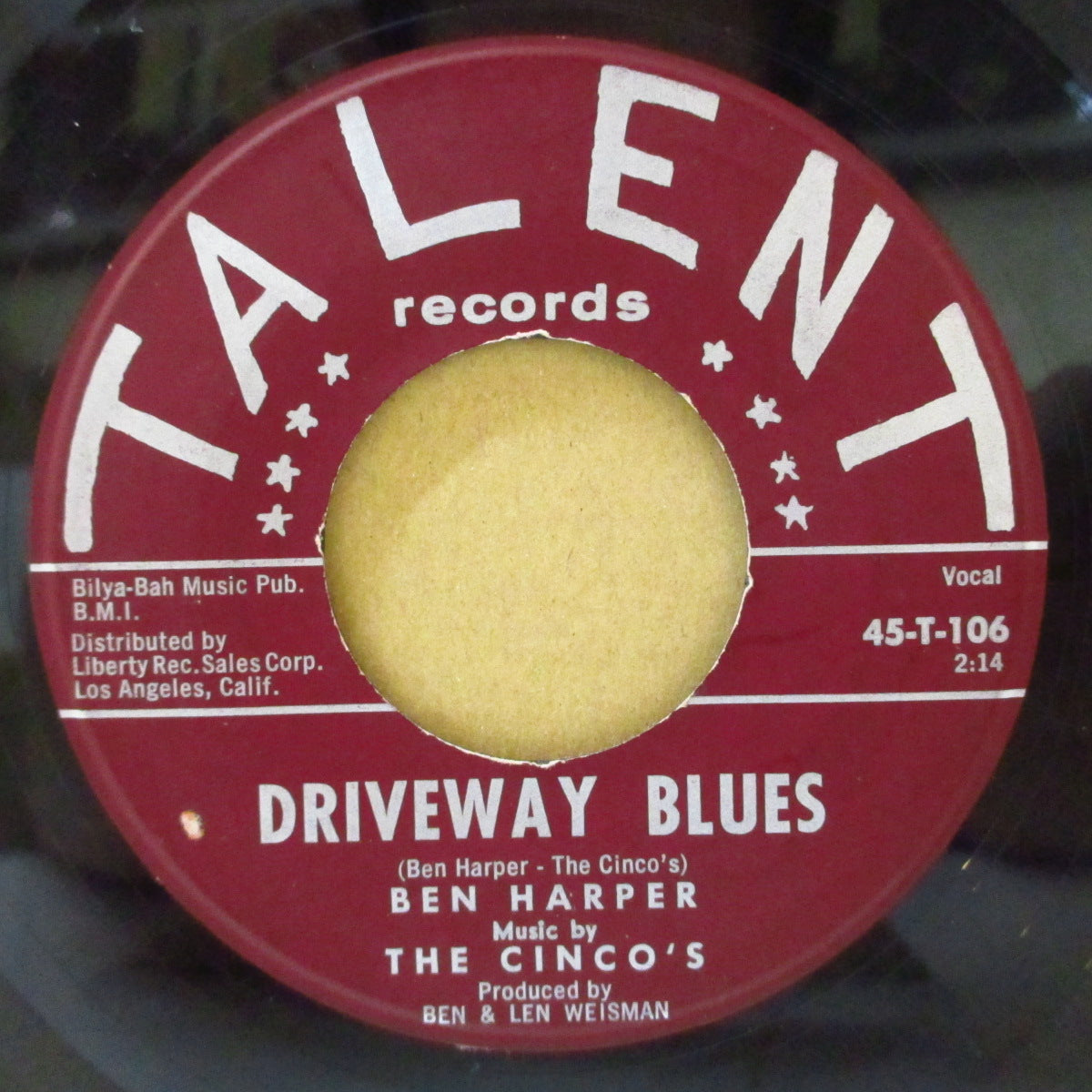 BEN HARPER & THE CINCO'S (ベン・ハーパー & ザ・シンコズ) - Here Comes My Gal / Driveway Blues (US '60 オリジナル7インチ)デンジャー・ダウンホーム・ブルース!