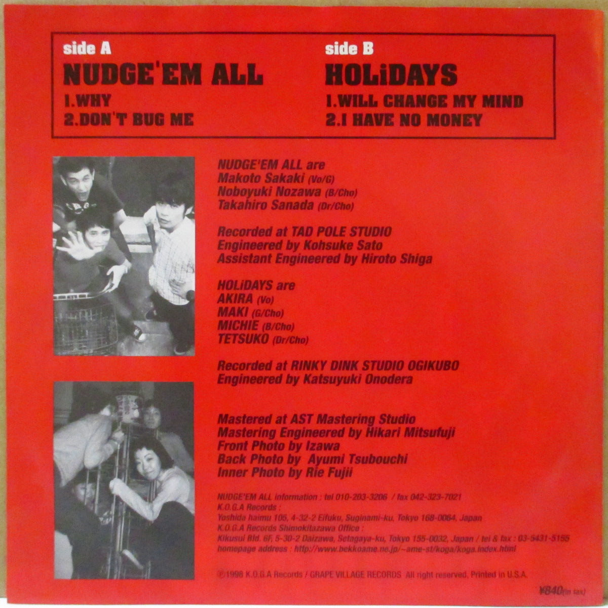 NUDGE'EM ALL & HOLIDAYS (ナッヂエム・オール & ホリディズ) - Split! (Japan '98 限定4曲入り33回転スプリット「クリア紫盤」 7インチ/光沢ソフト紙ジャケ)