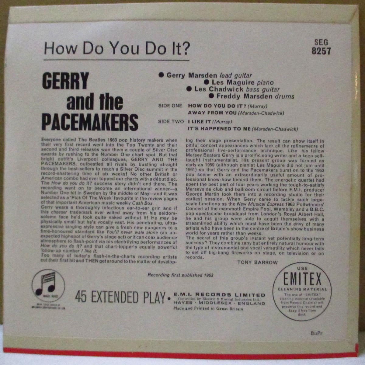 GERRY AND THE PACEMAKERS (ジェリー&ザ・ペースメーカーズ) - How Do You Do It ? (UK '63 オリジナル4曲入り「ラウンドセンター」モノラル 7インチEP+表面コーティング折り返しジャケ)