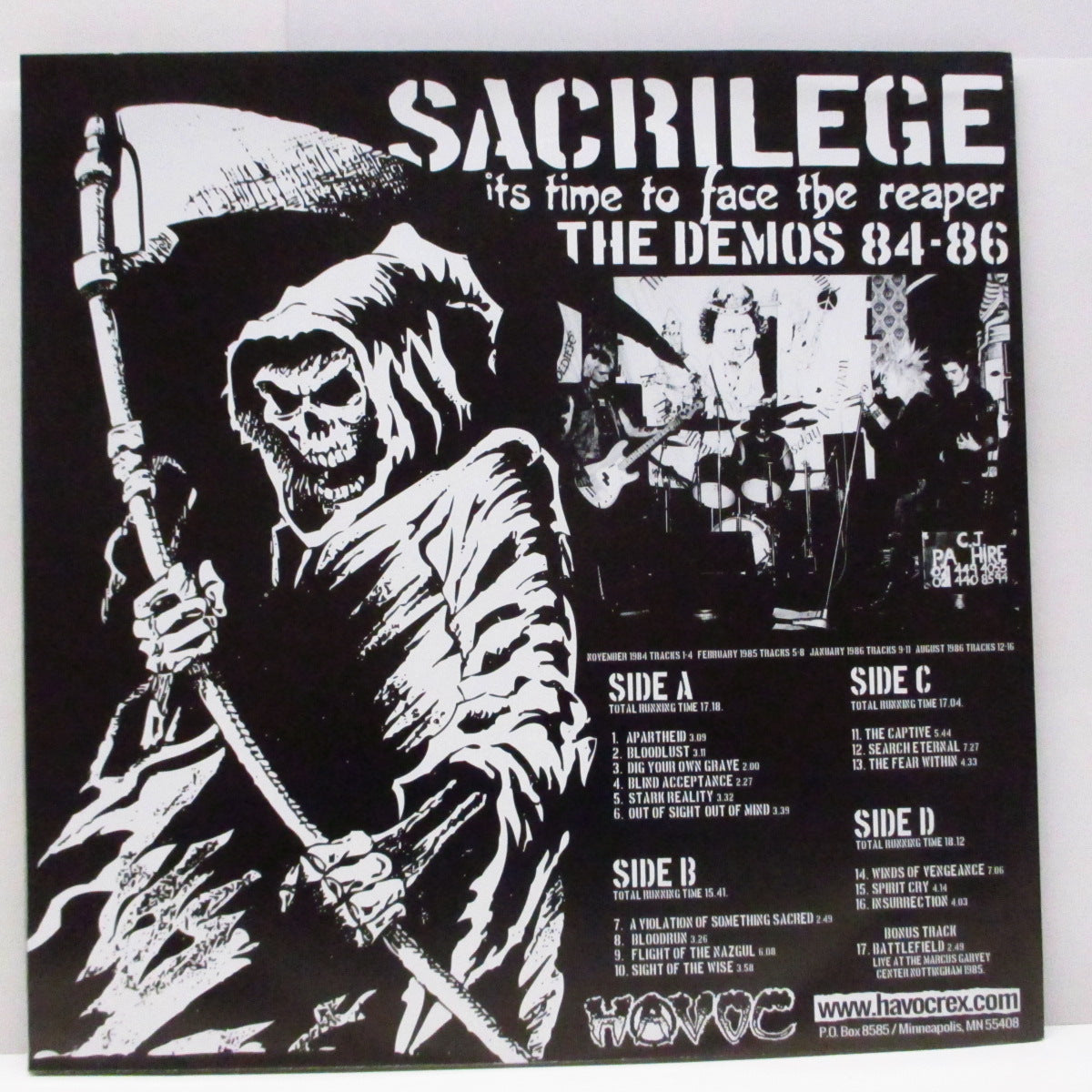 SACRILEGE (サクリレッジ) - Its Time To Face The Reaper The Demos 84-86 (US 初回1,300枚限定「黒盤」2xLP/ポスタージャケ)