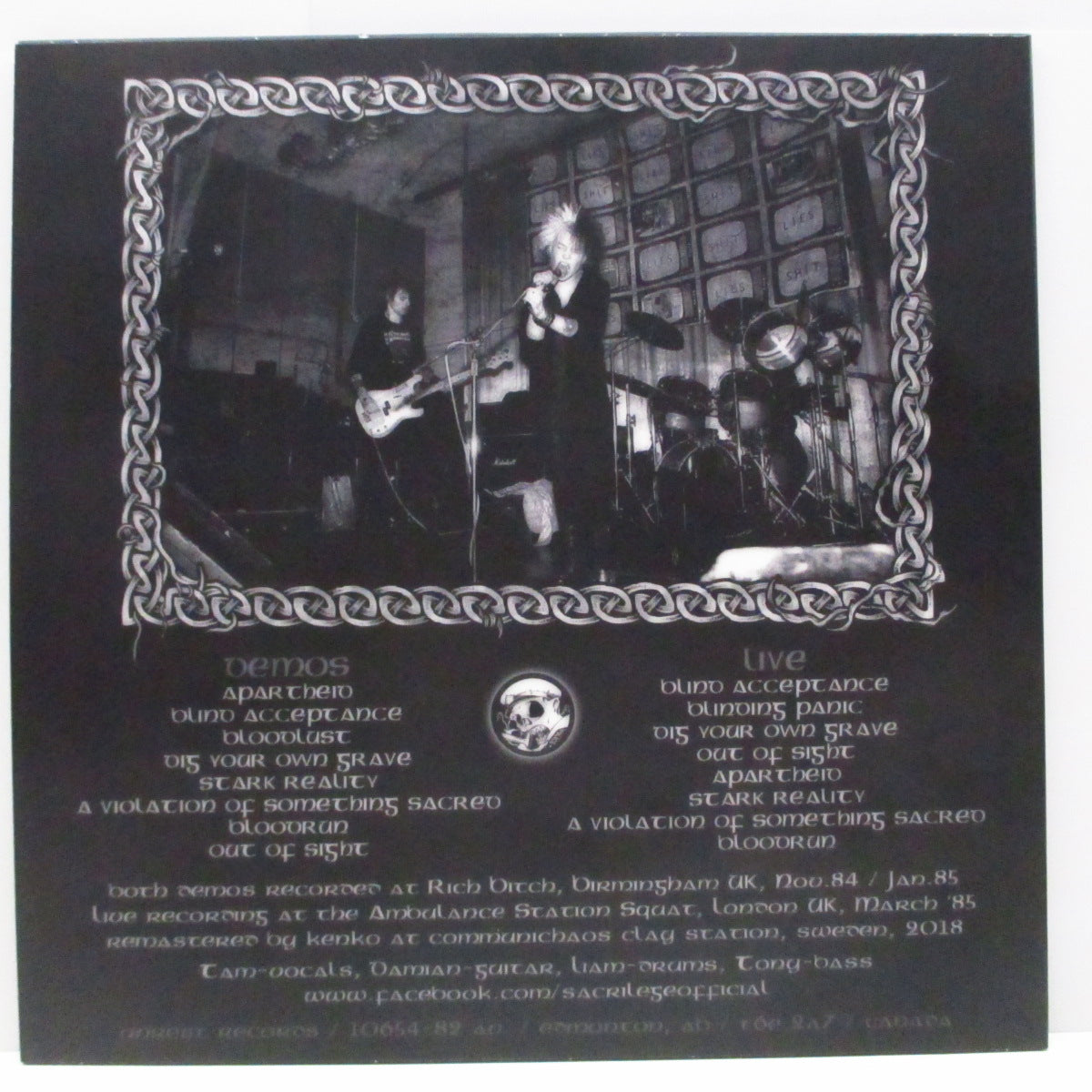 SACRILEGE (サクリレッジ) - Ambulance Station Squat, London, 1985 Plus The First & Second Demos (Canada 200枚限定「スプラッターヴァイナル」LP+インサート)