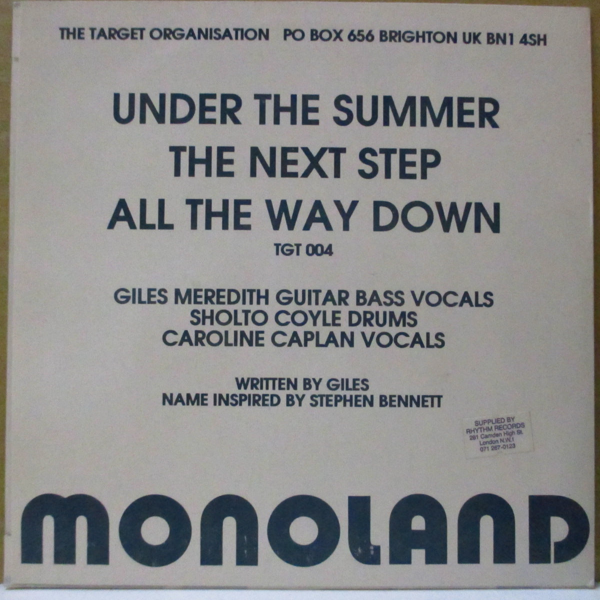 MONOLAND (モノランド) - Under The Summer (UK '91 オリジナル3曲入り 7インチ+光沢固紙ジャケ)