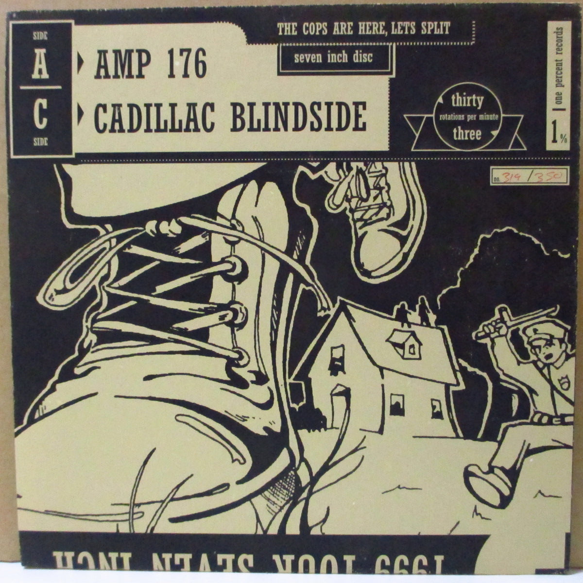 AMP 176 / CADILLAC BLINDSIDE (アンプ・176 / キャディラック・ブラインドサイド) - The Cops Are Here, Let's Split! (US '99 限定350枚4曲入りスプリット「クリアヴァイナル」 7インチ+ナンバリング入りマット固紙ジャケ, インサート)