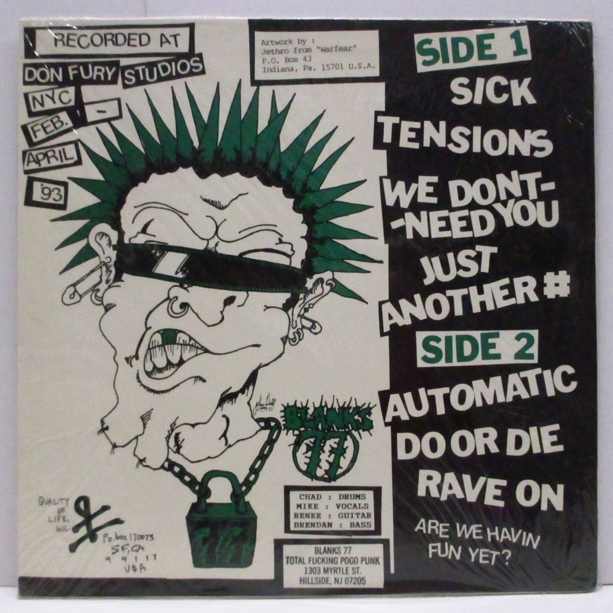 BLANKS 77 (ブランクス 77) - Up The System (US '93 限定「カラーヴァイナル」8曲入り10"+インサート 「廃盤 New」 ) '93年ミニアルバム!