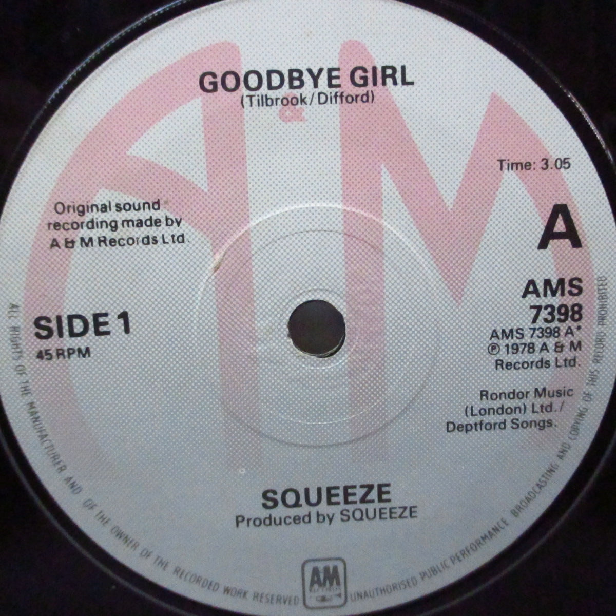 SQUEEZE (スクイーズ) - Goodbye Girl (UK オリジナル 7"/初回立体ジャケ)