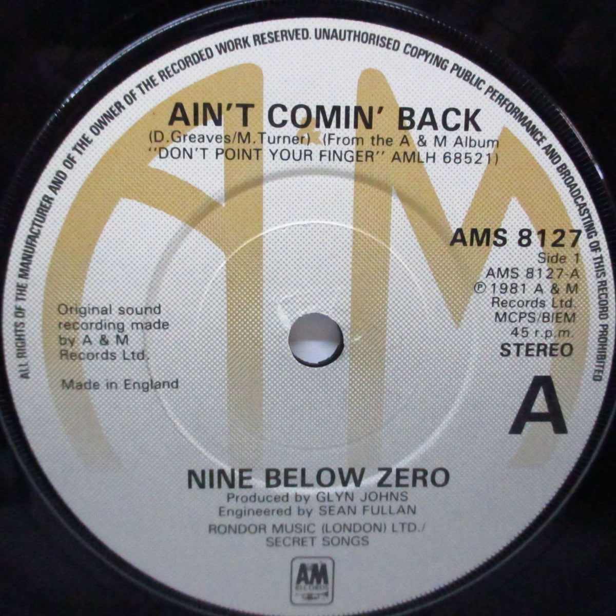 NINE BELOW ZERO (9 BELOW ZERO) (ナイン・ビロウ・ゼロ) - Ain't Comin' Back (UK オリジナル 7"/光沢固紙ジャケ)