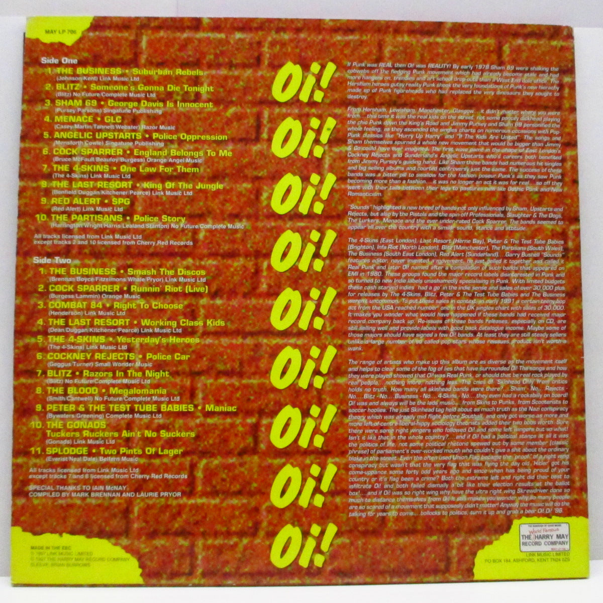 V.A. (80's UK Oi!コンピ!) - The Best Of Oi! : 25 Brickwall Classics (UK '97 限定再発「黄色盤」LP+4曲入ボーナス 7"、ステッカー付ジャケ/MAY LP 706)