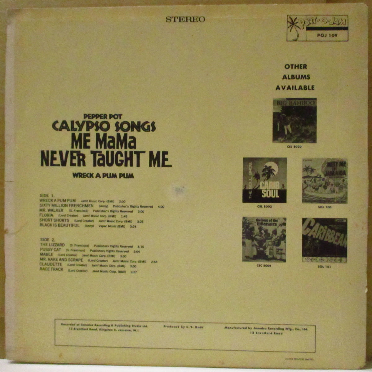 LORD CREATOR (ロード・クリエイター) - Pepper Pot Calypso Songs Me Mama Never Taghut Me (Jamaica 80's 再発「赤字白ラベ」 LP)