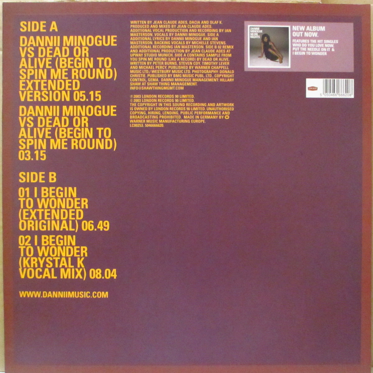 DANNII MINOGUE VS. DEAD OR ALIVE (ダニー・ミノーグ VS デッド・オア・アライヴ) - Begin To Spin Me Round (UK オリジナル4曲入り 12インチ) '03年マッシュアップ・シングル
