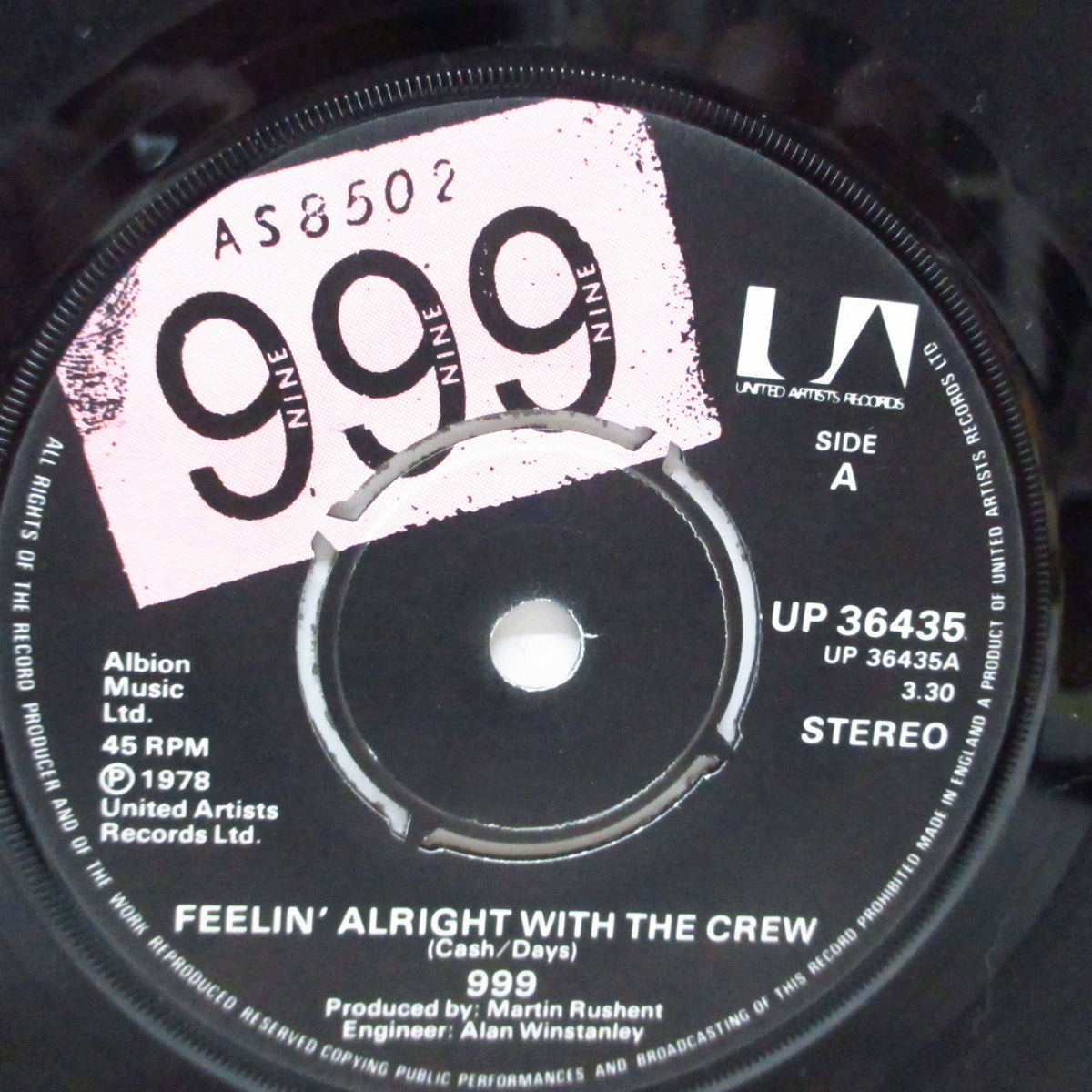 999 (ナイン・ナイン・ナイン) - Feelin' Alright With The Crew +2 (UK オリジナル「ラウンドセンター」7"/光沢固紙折り返しジャケ)
