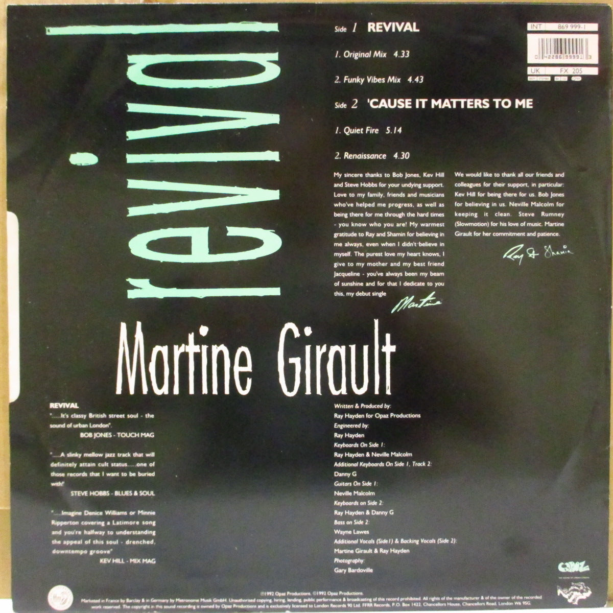MARTINE GIRAULT (マルティーヌ・ジロウ) - Revival (UK '92 オリジナル4曲入り 12インチ/レアステッカー付き光沢ジャケ)