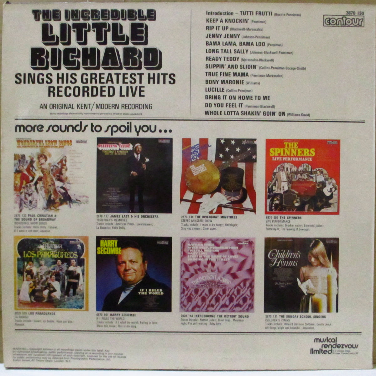 LITTLE RICHARD (リトル・リチャード) - The Incredible Little Richard Sings His Greatest Hits Recorded Live (UK 70's 再発ステレオLP/両面コーティング・ジャケ)'65〜'66年米ライブ14曲!