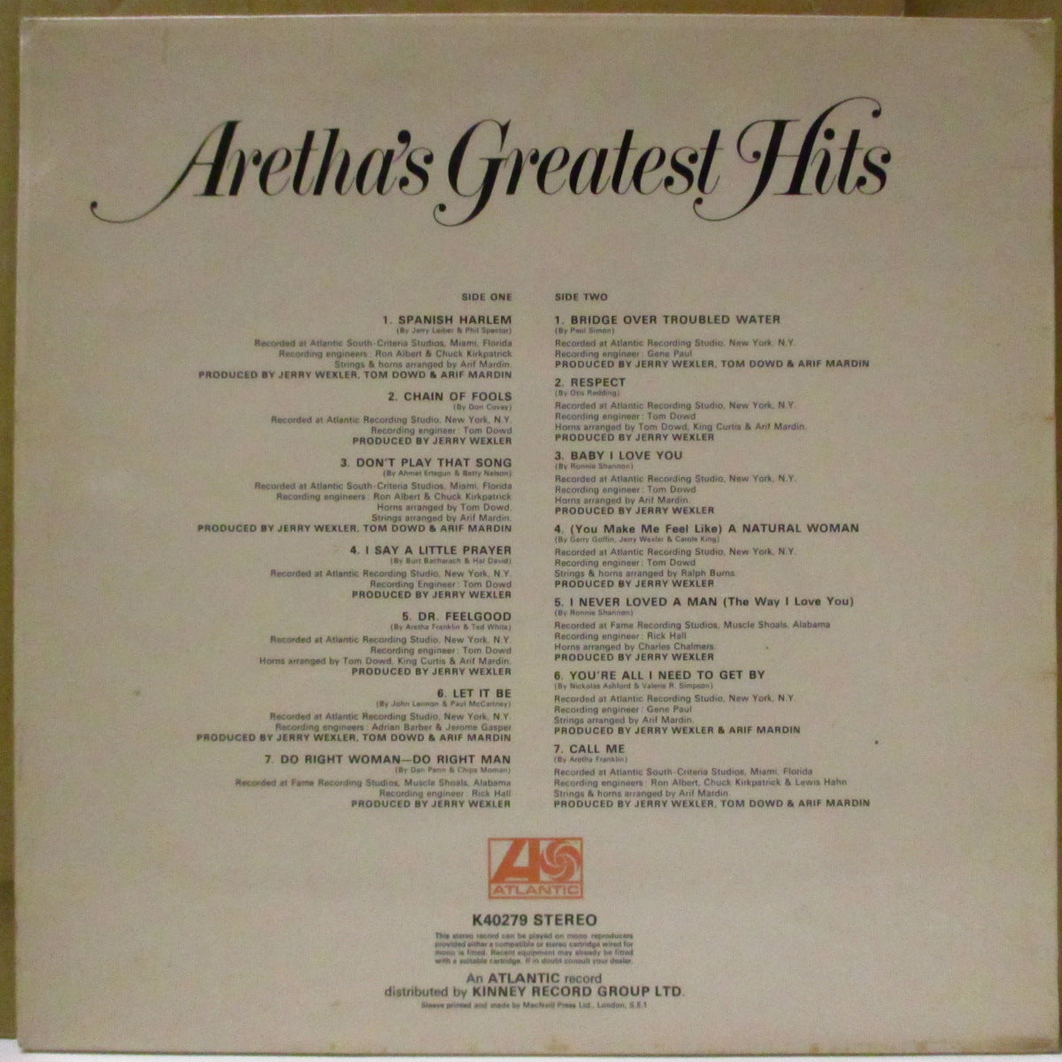 ARETHA FRANKLIN (アレサ・フランクリン) - Aretha's Greatest Hits (UK '73 初回再発「ワーナーロゴなし、青:オレンジ・ラベ」ステレオLP ) ベスト14曲!