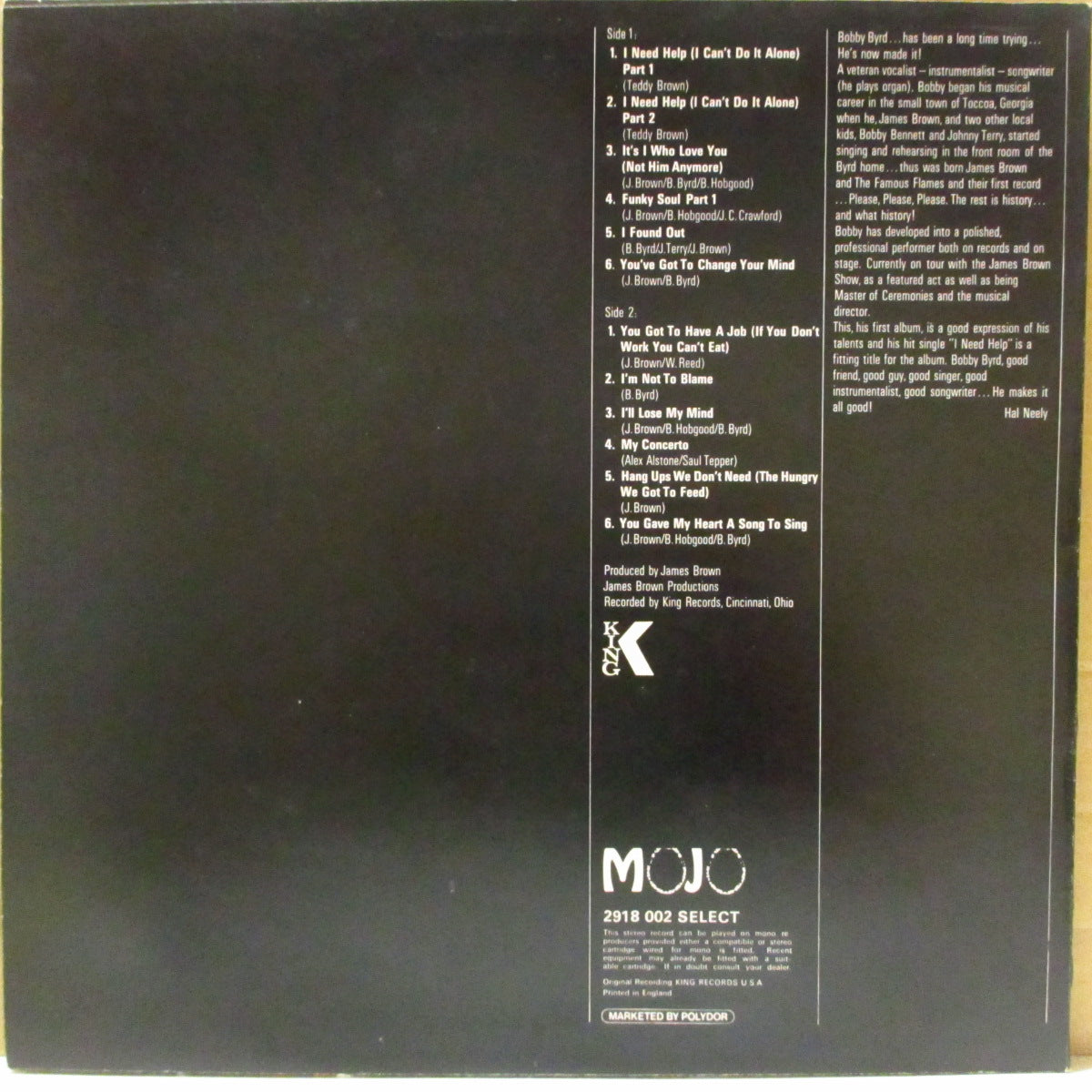 BOBBY BYRD (ボビー・バード ) - I Need Help : Live On Stage (ドイツ '70 プロモ白黒ラベ・ステレオLP/英国流通用の英Mojo社ジャケ) 強烈FUNK連発のデビュー・ライブ・アルバム!JB参加!