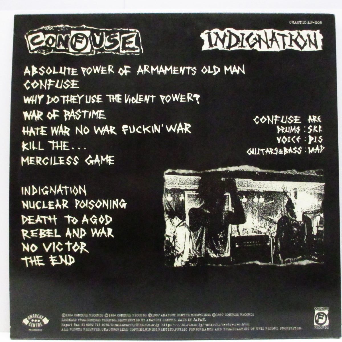 CONFUSE (コンフューズ) - Indignation (Japan '97 1,500枚限定再発 LP+インサート)'84年カセット音源!