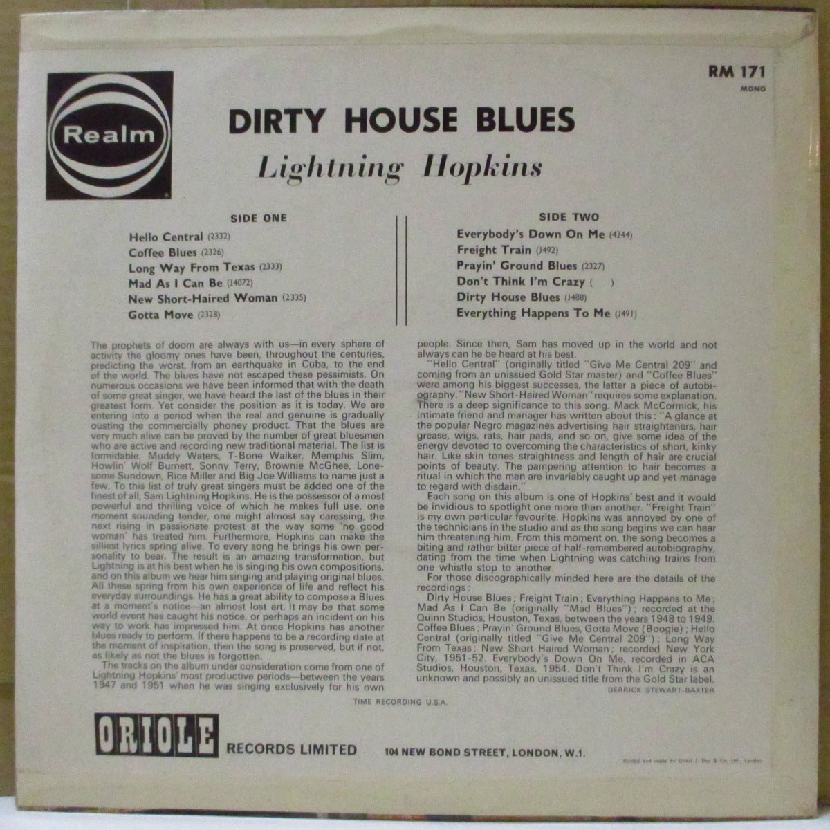 LIGHTNIN' HOPKINS (ライトニン・ホプキンス) - Dirty House Blues (UK '63 オリジナル・モノラル LP/表面コーティング3面折り返しジャケ)英別題、別デザインジャケ