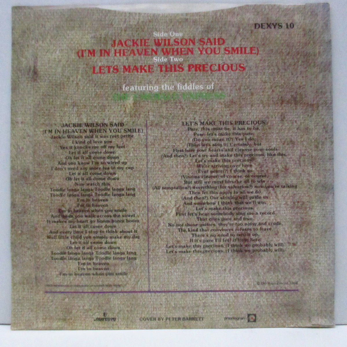 DEXYS MIDNIGHT RUNNERS (デキシーズ・ミッドナイト・ランナーズ) - Jackie Wilson Said (UK オリジナル「銀ラベ」フラットセンター 7"/光沢ソフト紙折り返ジャケ)