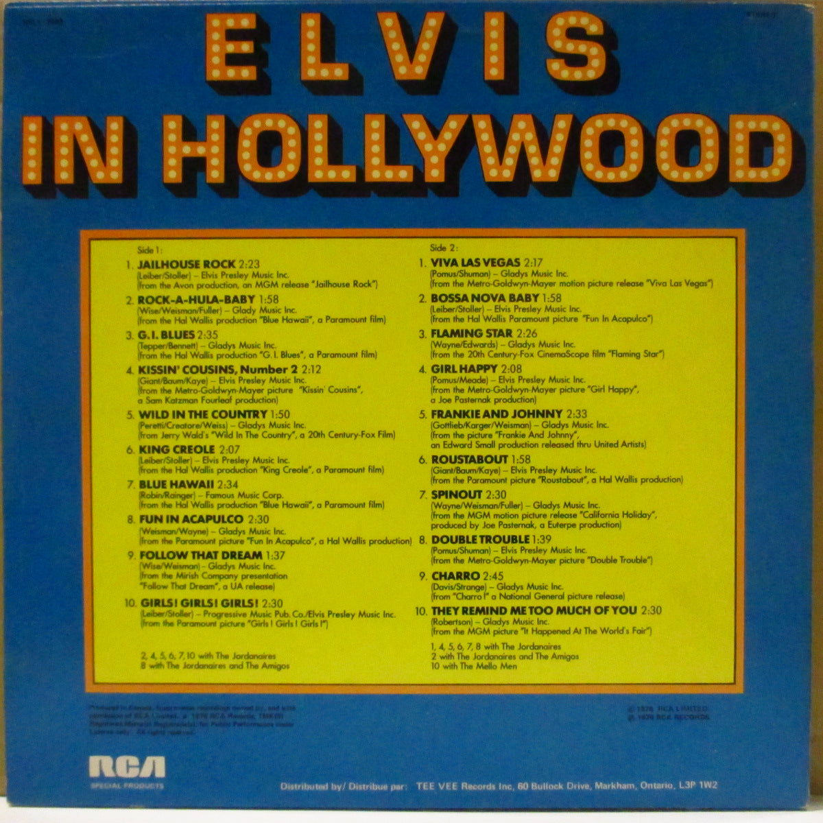 ELVIS PRESLEY (エルヴィス・プレスリー) - Elvis In Hollywood (カナダ '77 再発ステレオ LP) 主演映画主題ナンバー編集のベスト・サントラ!