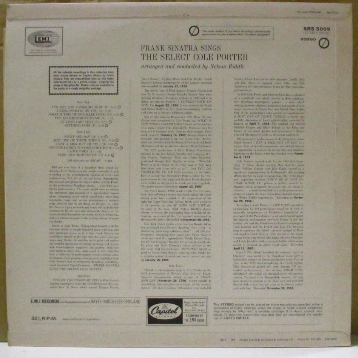 FRANK SINATRA (フランク・シナトラ) - Sings The Select Cole Porter (UK '69 再発「ライム・グリーン・ラベ」ステレオLP)コール・ポーター楽曲編集コンピ。