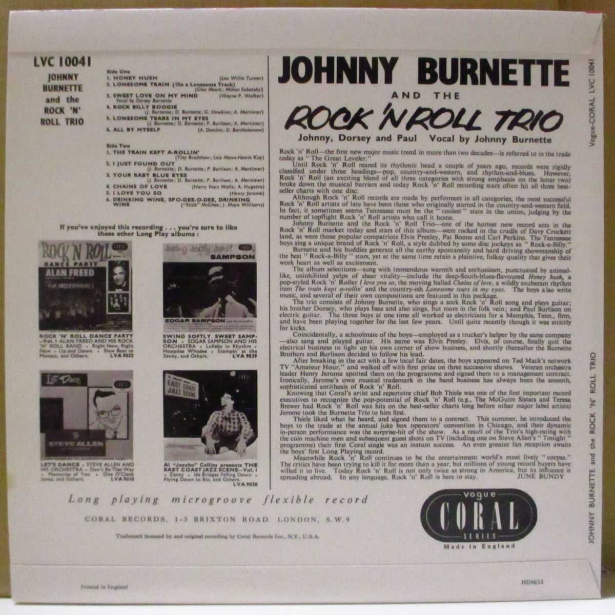 JOHNNY BURNETTE & THE R&R TRIO (ジョニー・バーネット・ロックンロール・トリオ) - Johnny Burnette & The Rock'n'Roll Trio (EU '18 限定リプロ再発「クリア・パープル VINYL」モノラル10インチLP) '56年英10"のリプロ。