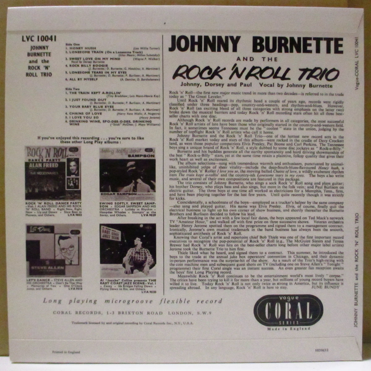 JOHNNY BURNETTE & THE R&R TRIO (ジョニー・バーネット・ロックンロール・トリオ) - Johnny Burnette & The Rock'n'Roll Trio (EU '18 限定リプロ再発「黒盤」モノラル10インチLP) '56年英10"のリプロ。