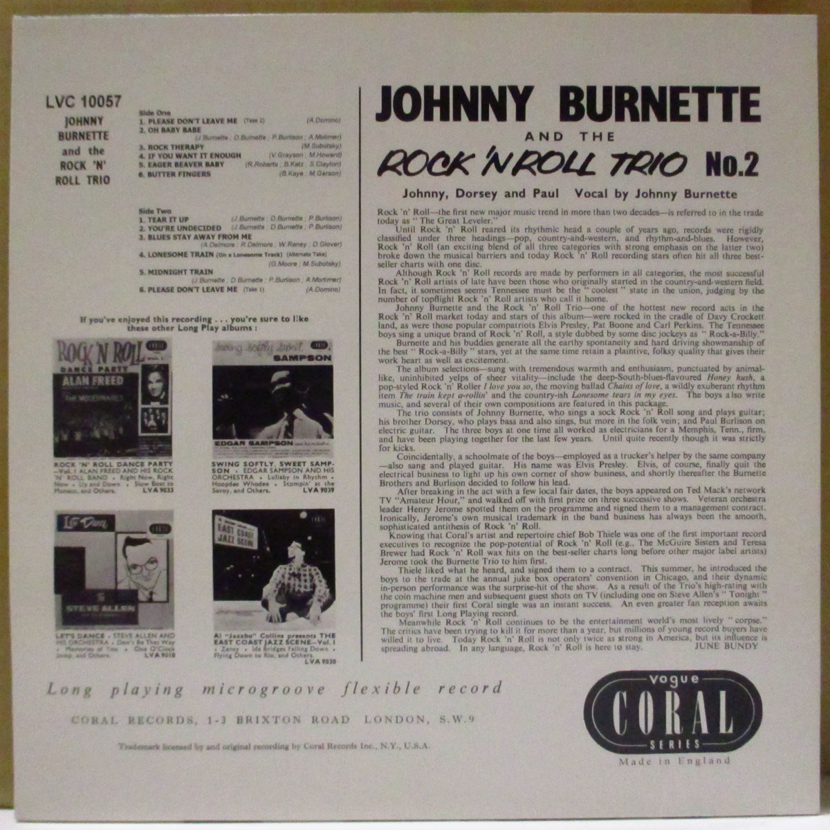 JOHNNY BURNETTE & THE R&R TRIO (ジョニー・バーネット・ロックンロール・トリオ) - Johnny Burnette & The Rock'n'Roll Trio No.2 (EU限定「黒盤」モノラル10インチ LP)黄金期シングル編集コンピ!