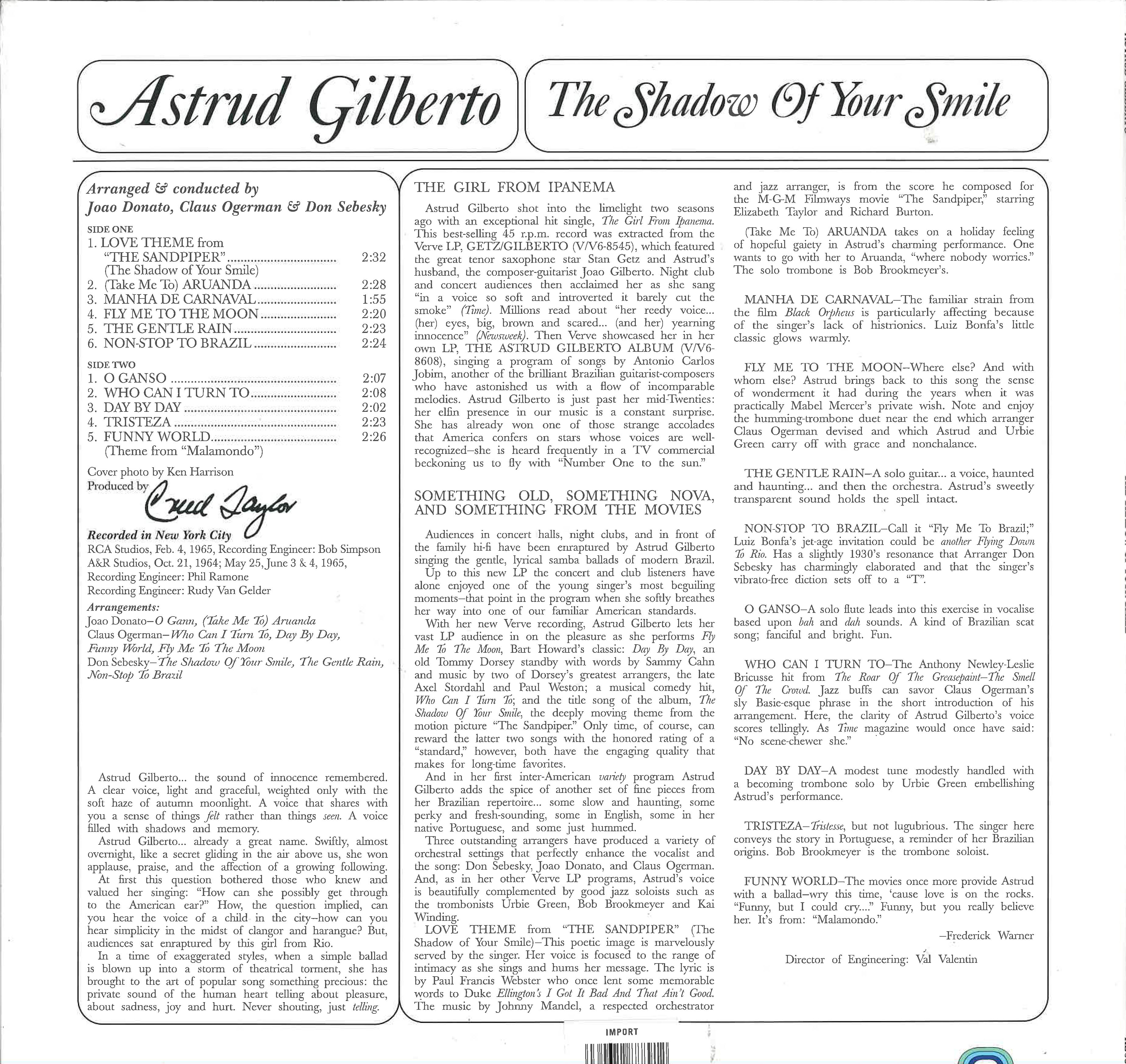 ASTRUD GILBERTO (アストラッド・ジルベルト) - The Shadow Of Your Smile (EU 限定リマスター再発ステレオ LP/New)