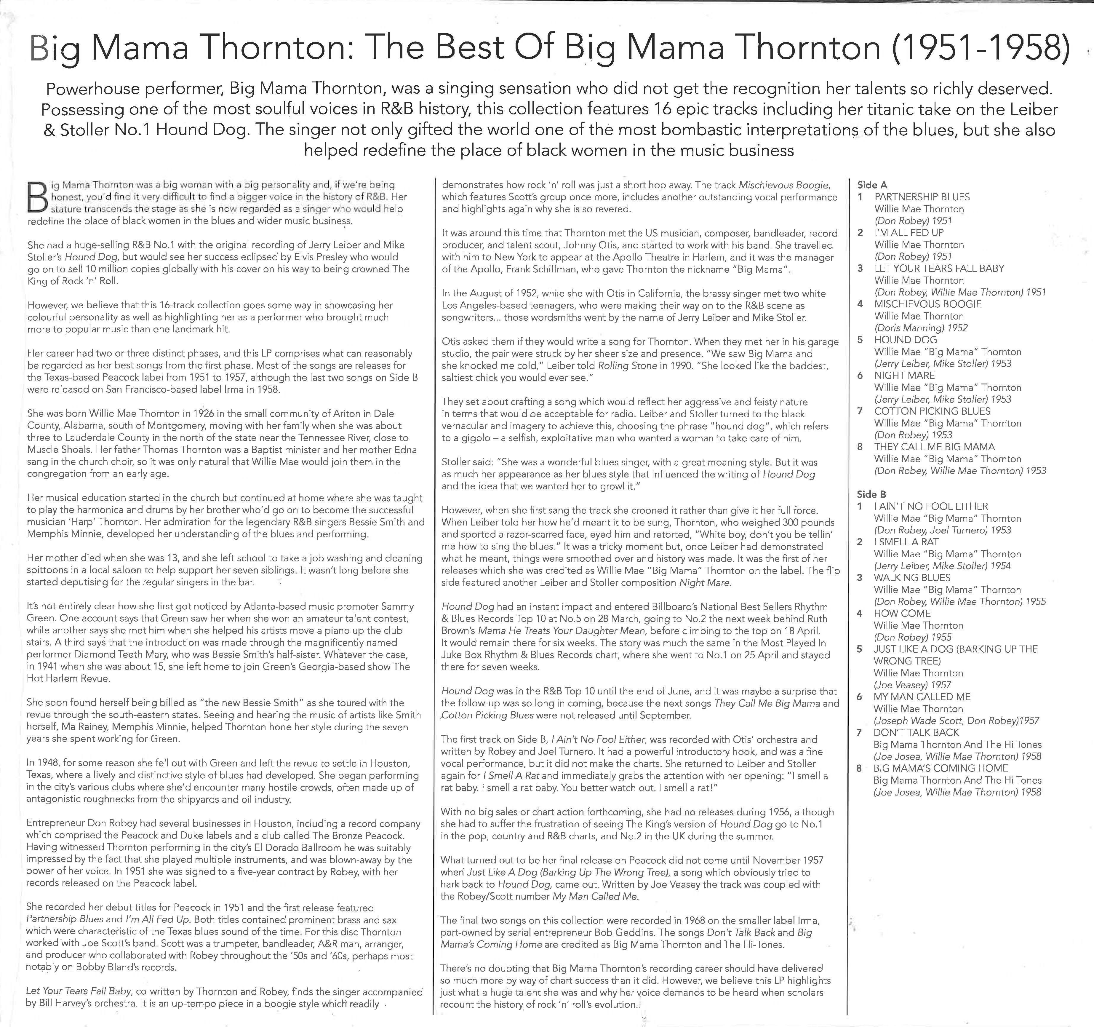 BIG MAMA THORNTON (ビッグ・ママ・ソーントン) - The Best Of Big Mama Thornton 1951-58 (UK 限定リリース LP/New) ベスト全16曲!
