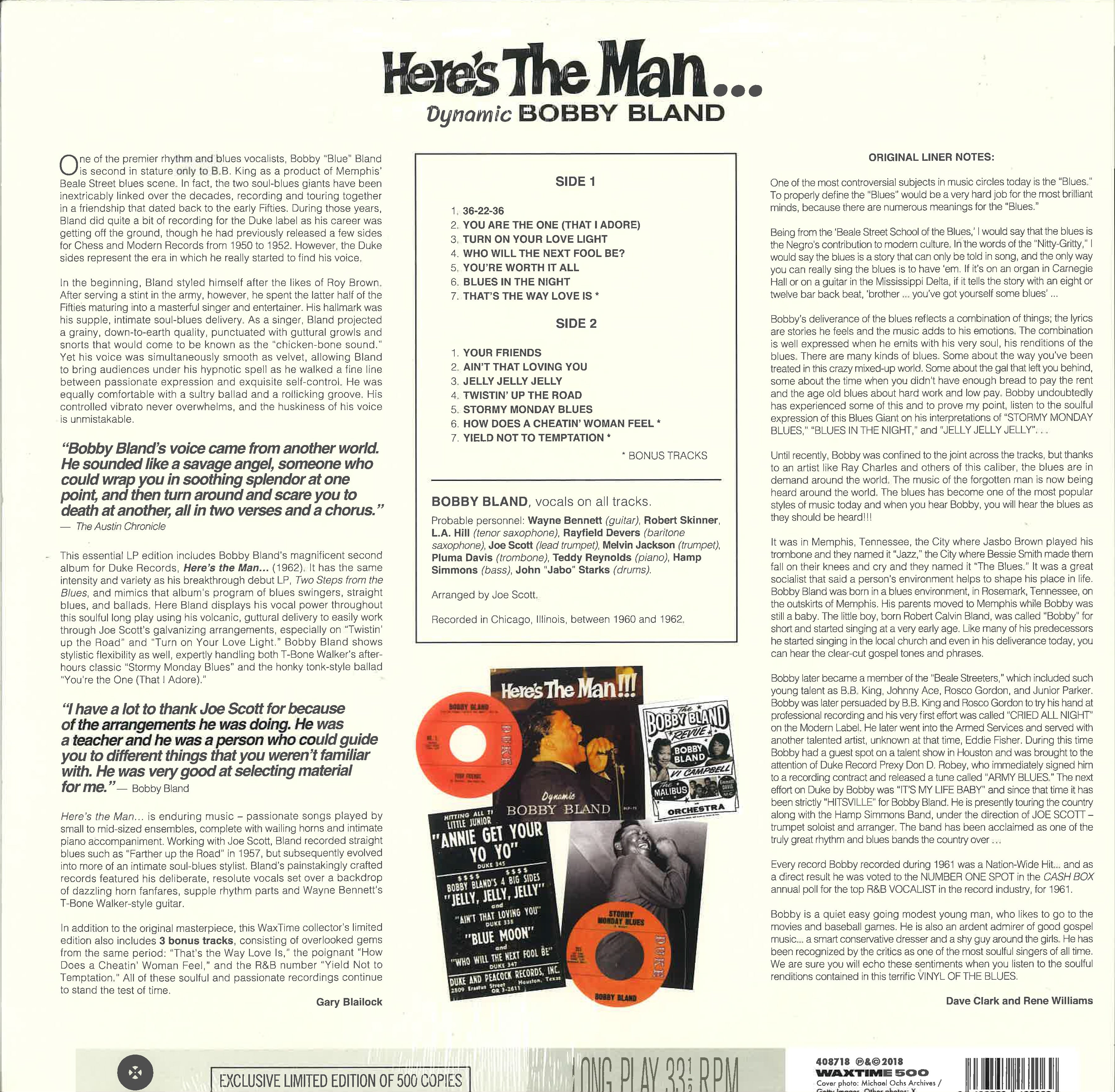 BOBBY BLAND (ボビー・ブランド) - Here's The Man !!! (EU 500枚限定ボーナス追加14曲入り再発180g LP/New) '62年名作2ndアルバム。ブルース好きからMODノーザンソウル・ファンまで必聴!