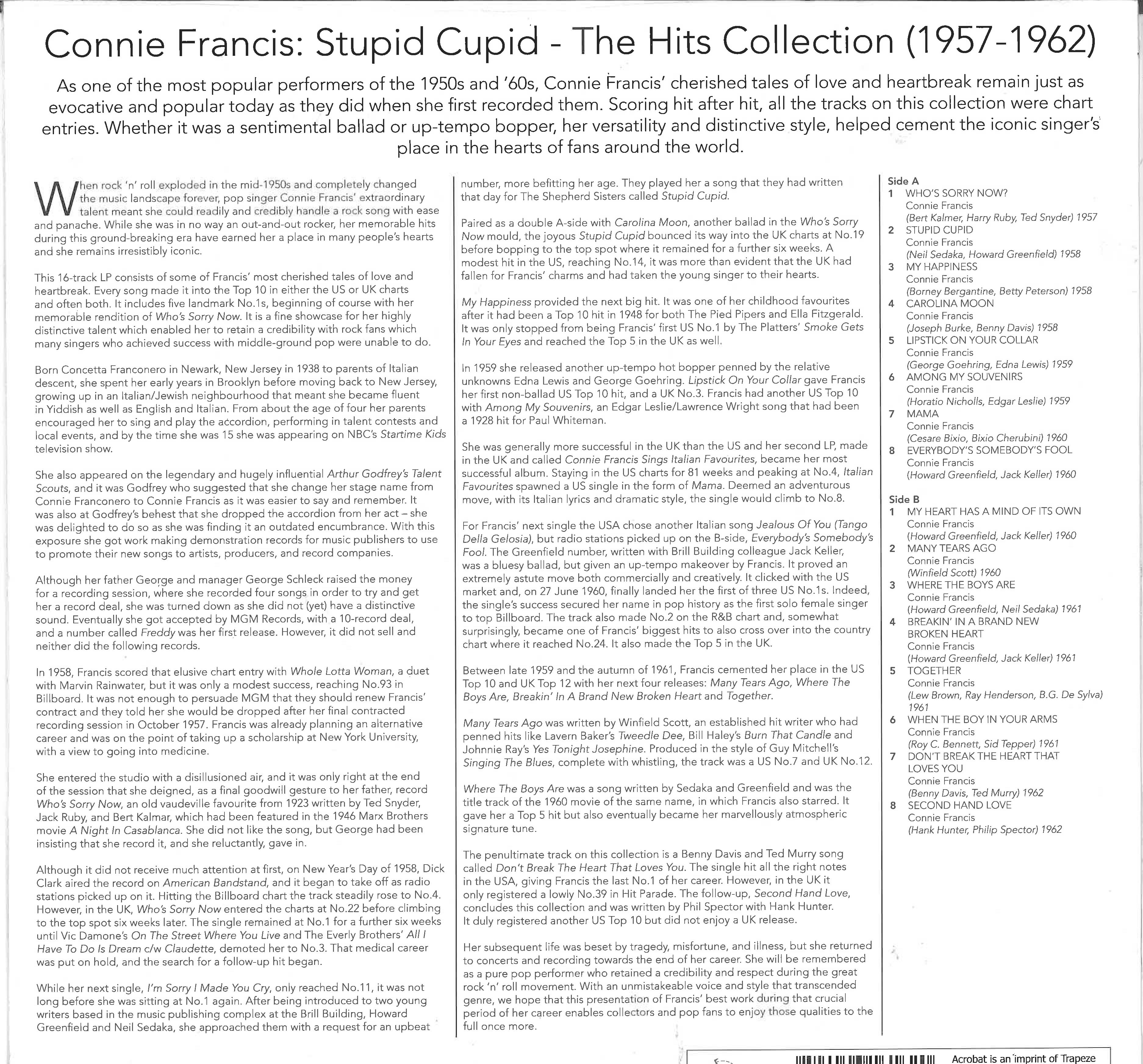 CONNIE FRANCIS (コニー・フランシス) - Stupid Cupid: The Hits Collection 1957-1962 (UK 限定リリース LP/New) ベスト全16曲!