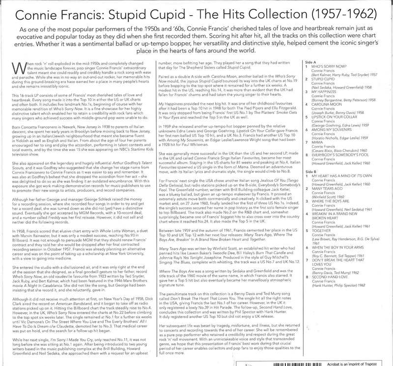CONNIE FRANCIS (コニー・フランシス)  - Stupid Cupid: The Hits Collection 1957-1962 (UK 限定リリース LP/New) ベスト全16曲！