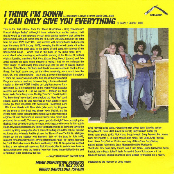 CHESTERFIELD KINGS (チェスターフィールド・キングス) - I Think I'm Down / I Can Only Give You Everything (Spain 限定ジャケ付き 7"New)