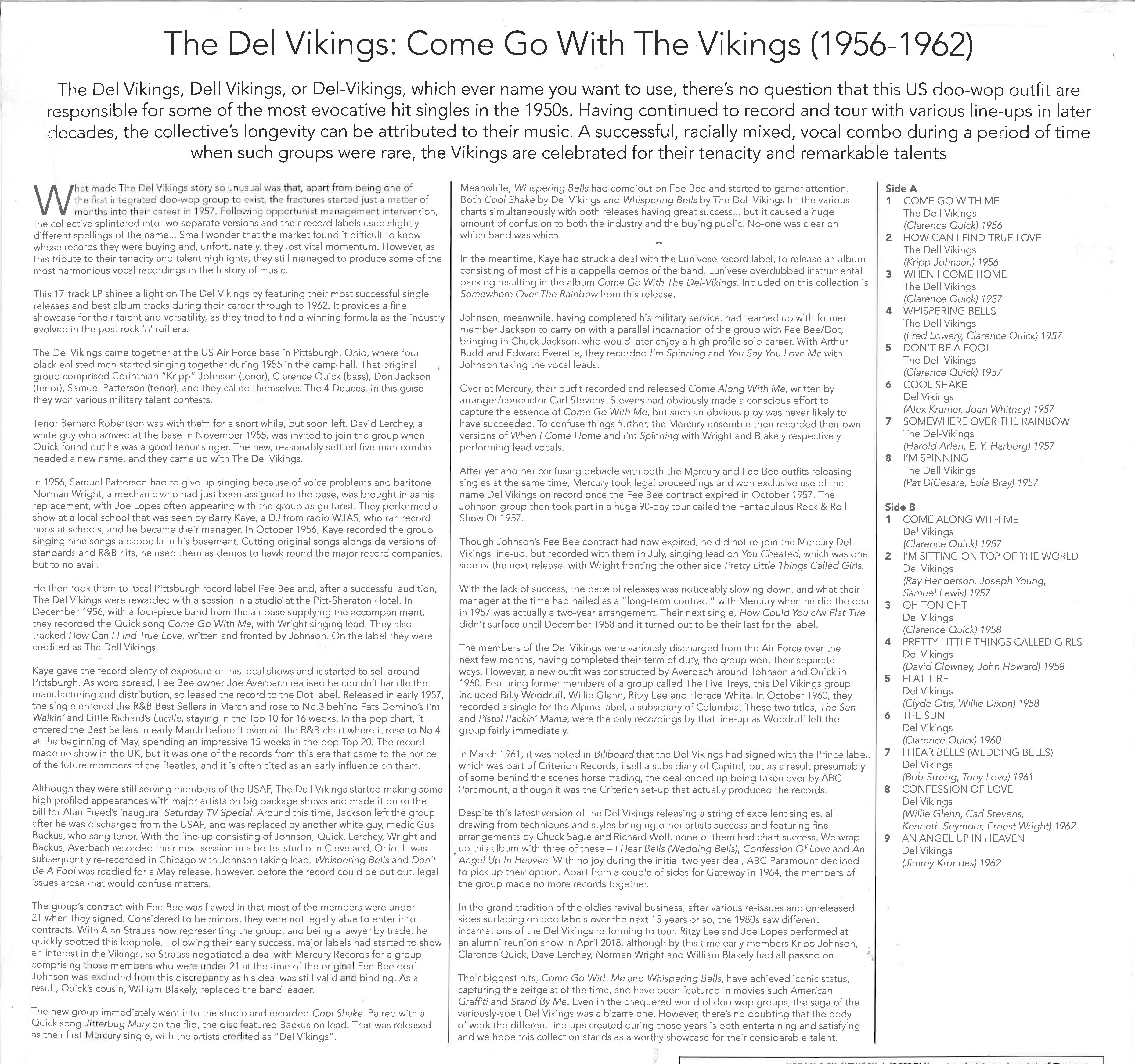DEL VIKINGS (デル・ヴァイキングス) - Come Go With The Vikings : 1956-61 (UK 限定リリース LP/New) ベスト全16曲!