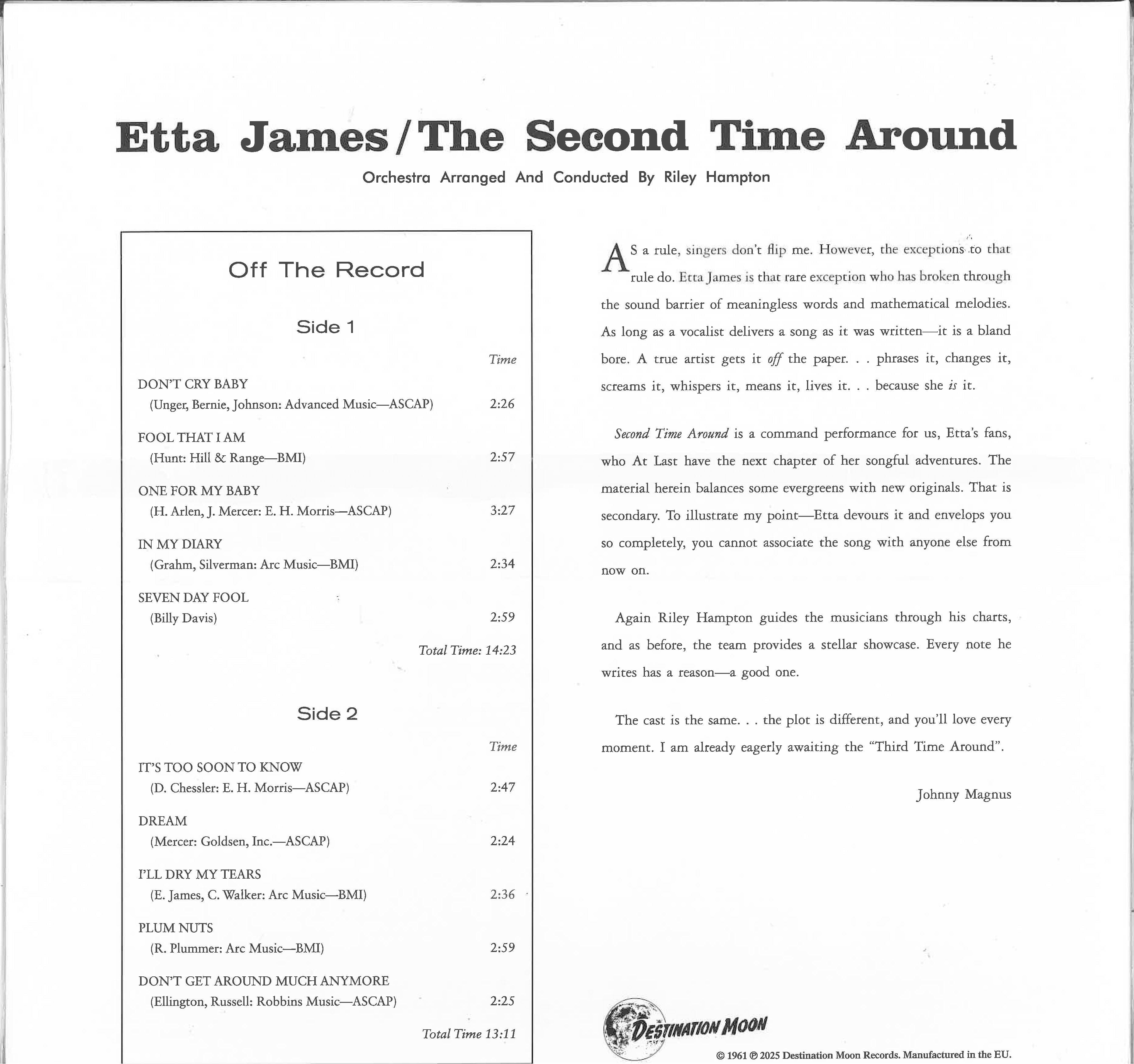 ETTA JAMES (エタ・ジェイムズ) - The Second Time Around (EU 500枚限定ナンバリング入り「クリアVINYL」再発 LP/New) '61年名作セカンド・アルバム!