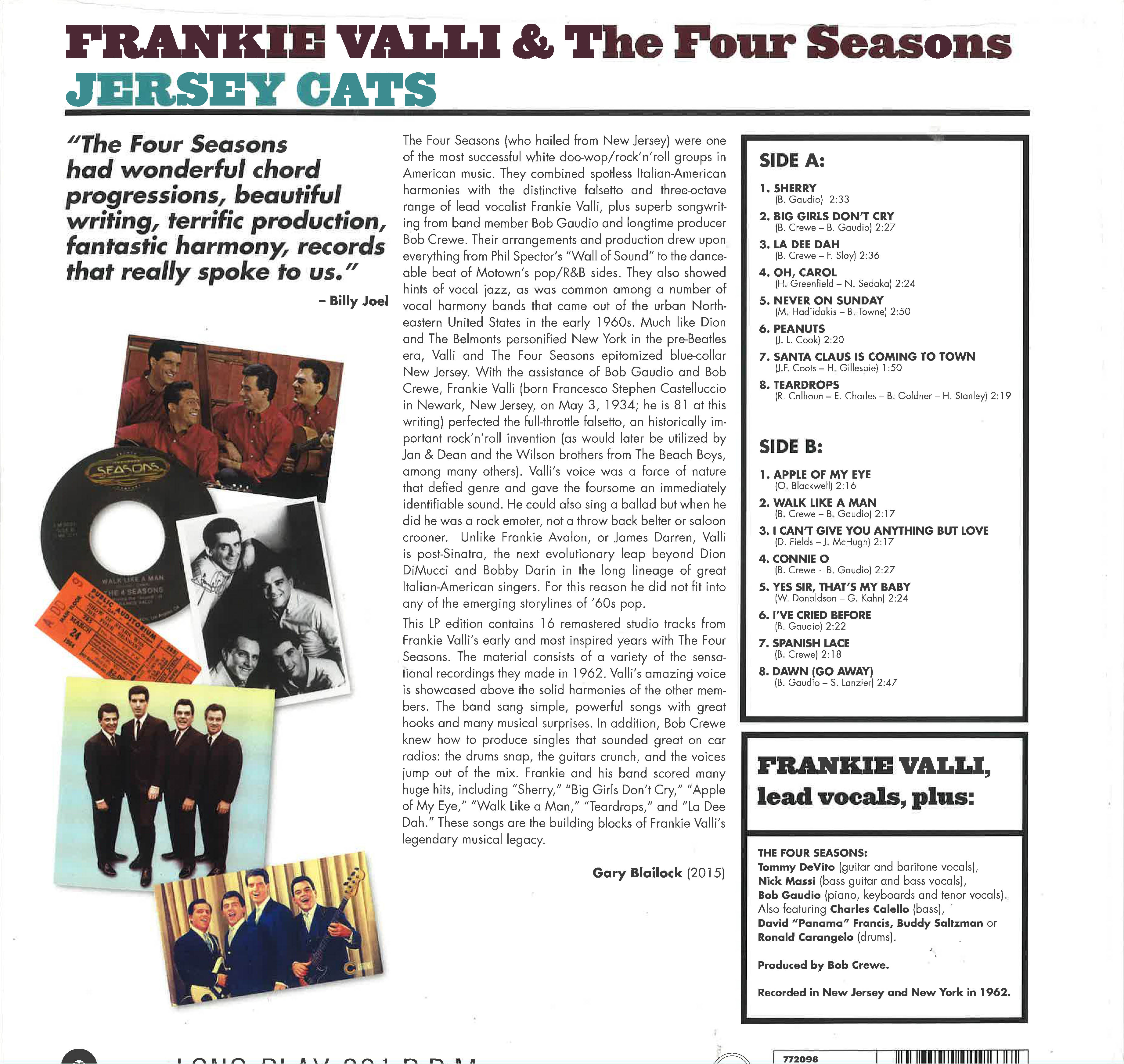 FOUR SEASONS (FRANKIE VALLI & THE) (フランキー・ヴァリ & ザ・フォー・シーズンズ) - Jersey Cats (EU 限定リリース180g アナログ LP/New)
